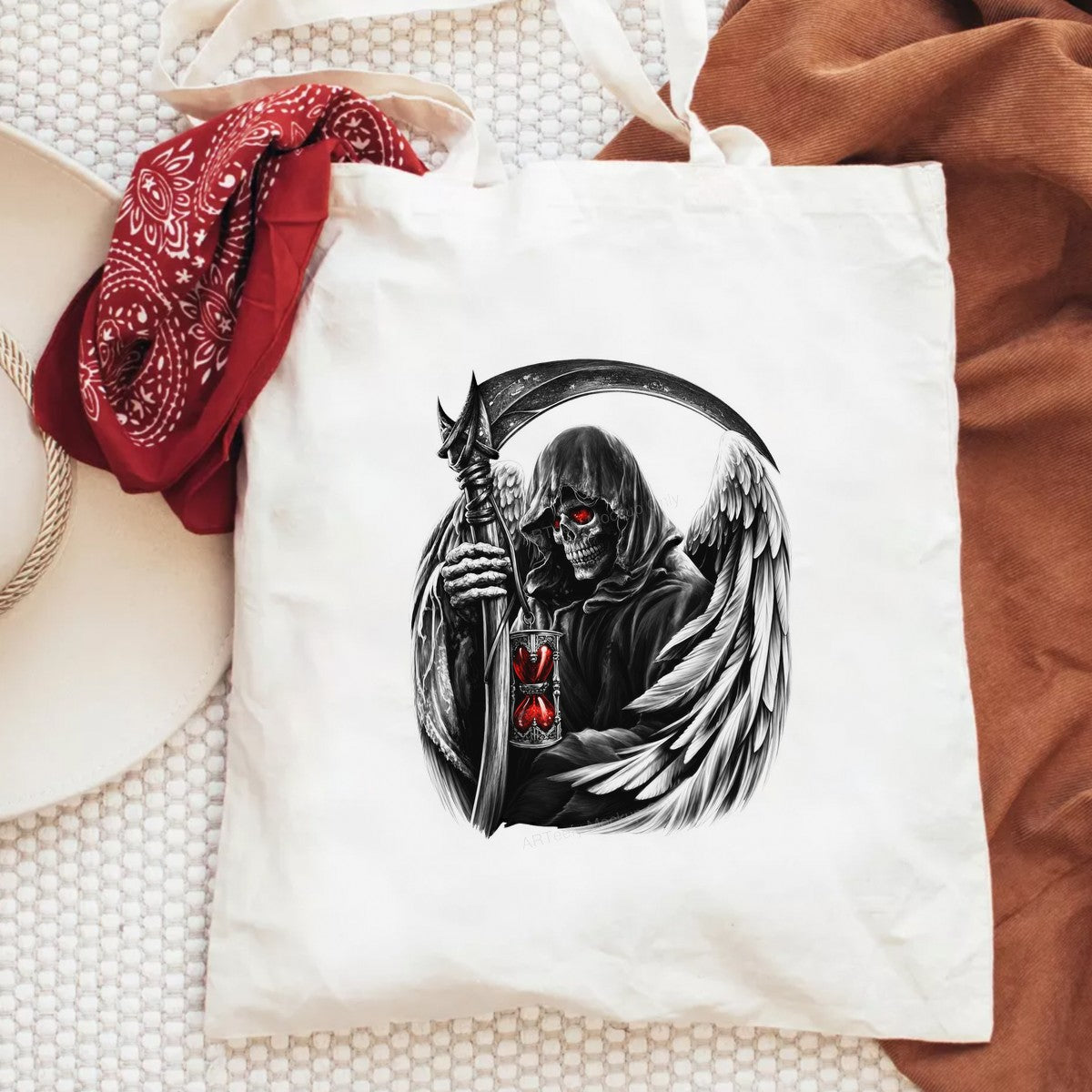 DTF Heat Transfer Grim Reaper Angel with Scythe and Red Hourglass Gothic Art for T Shirts Hoodies and Streetwear - 6