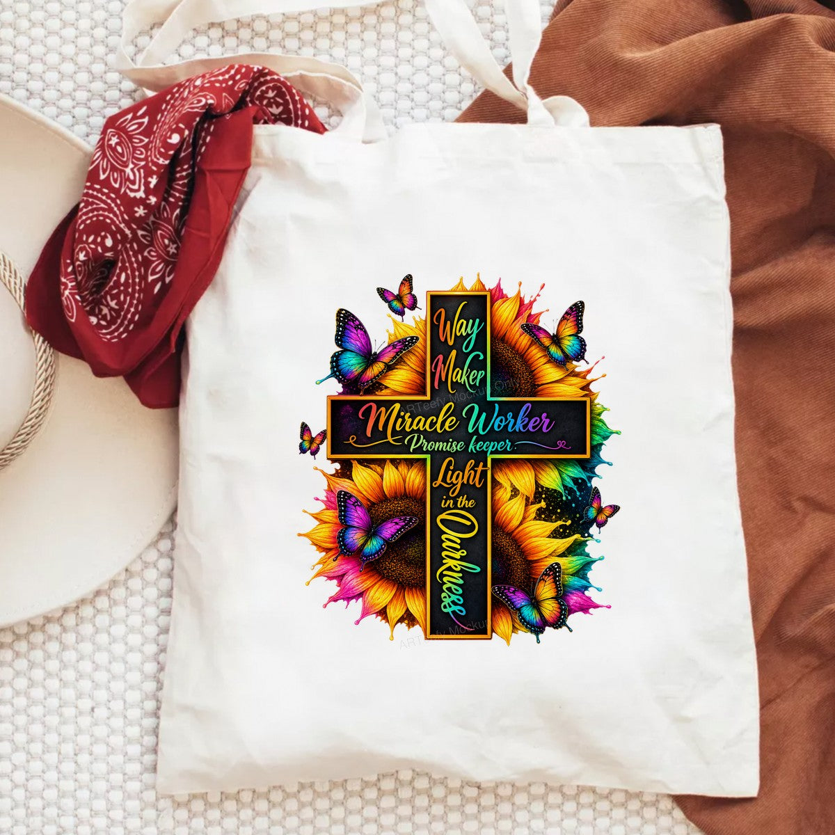Christian Heat Transfer Way Maker Miracle Worker Quote Cross with Sunflowers and Butterflies for Christian Apparel and Gifts - 6