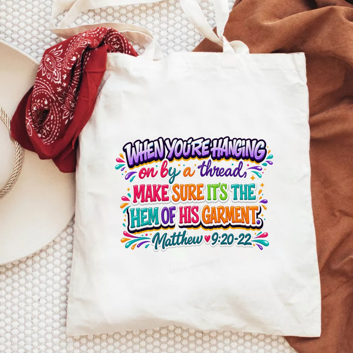 Christian Heat Transfer When You’re Hanging On By A Thread Bible Verse Colorful Lettering for T Shirts Hoodies and Christian Apparel - 6