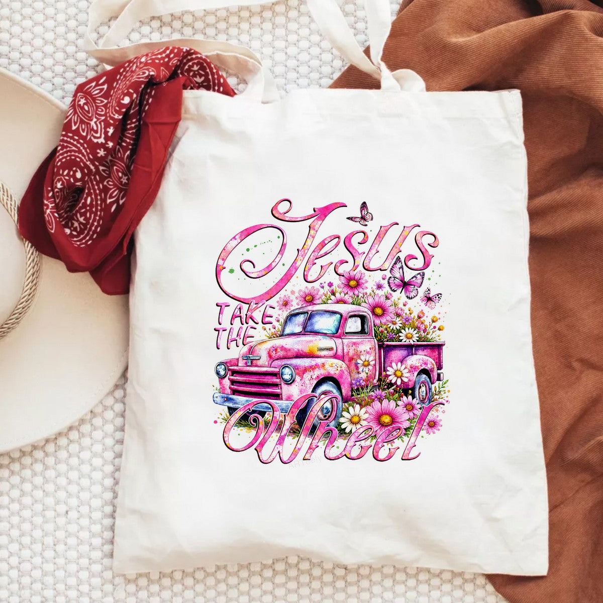 Christian Heat Transfer Jesus Take The Wheel Pink Vintage Truck with Flowers Graphic for T Shirts Hoodies and Tote Bags - 6