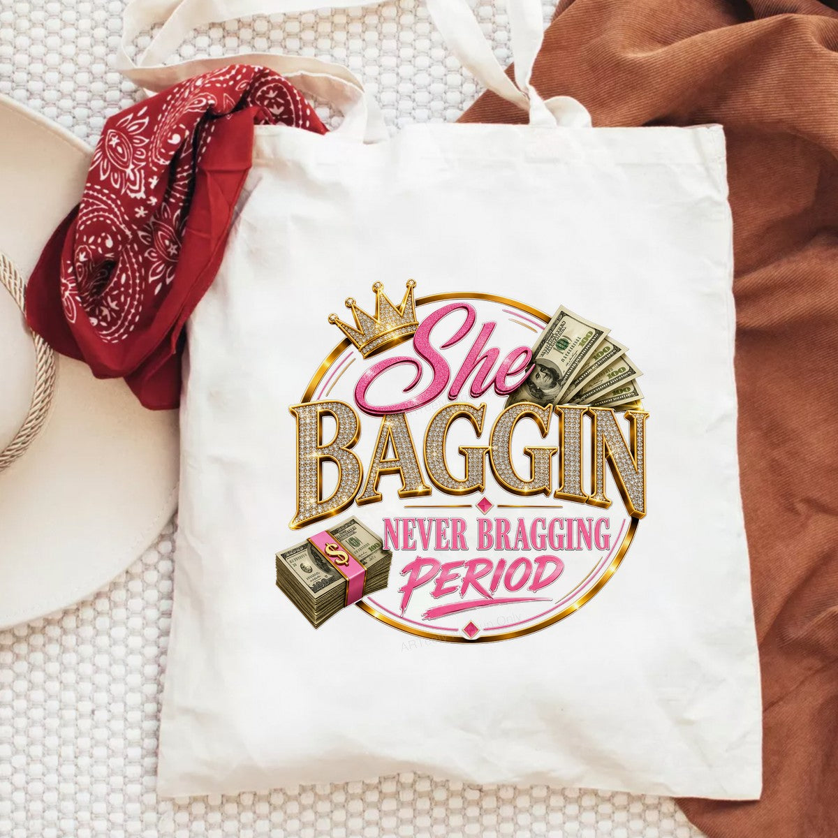 DTF Transfer She Baggin Never Bragging Period Money Crown Glitter Graphic for T Shirts Hoodies and Casual Wear - 6