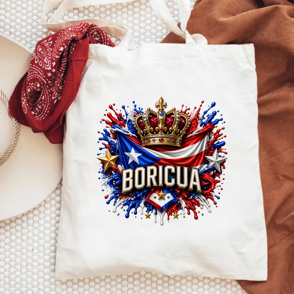 DTF Heat Transfer Boricua Puerto Rican Flag with Crown Splash Art Graphic for T Shirts Hoodies and Tote Bags - 6