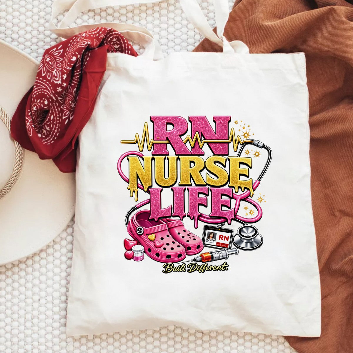 DTF Transfer RN Nurse Life Built Different Glitter Clogs and Stethoscope Graphic for T Shirts Hoodies and Gifts - 6