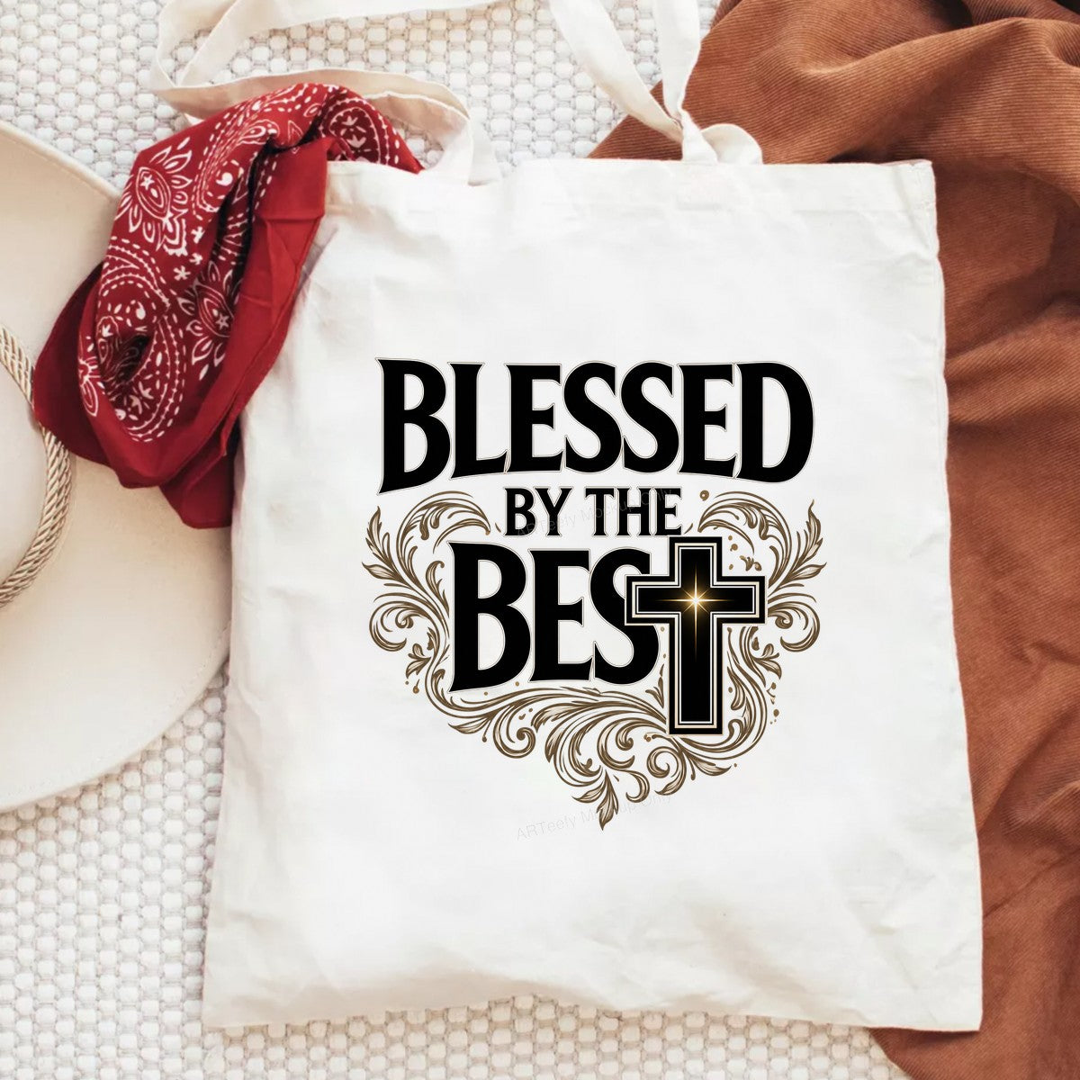 Christian Heat Transfer Blessed By The Best Cross with Gold Flourish Graphic for T Shirts Hoodies and Tote Bags - 6