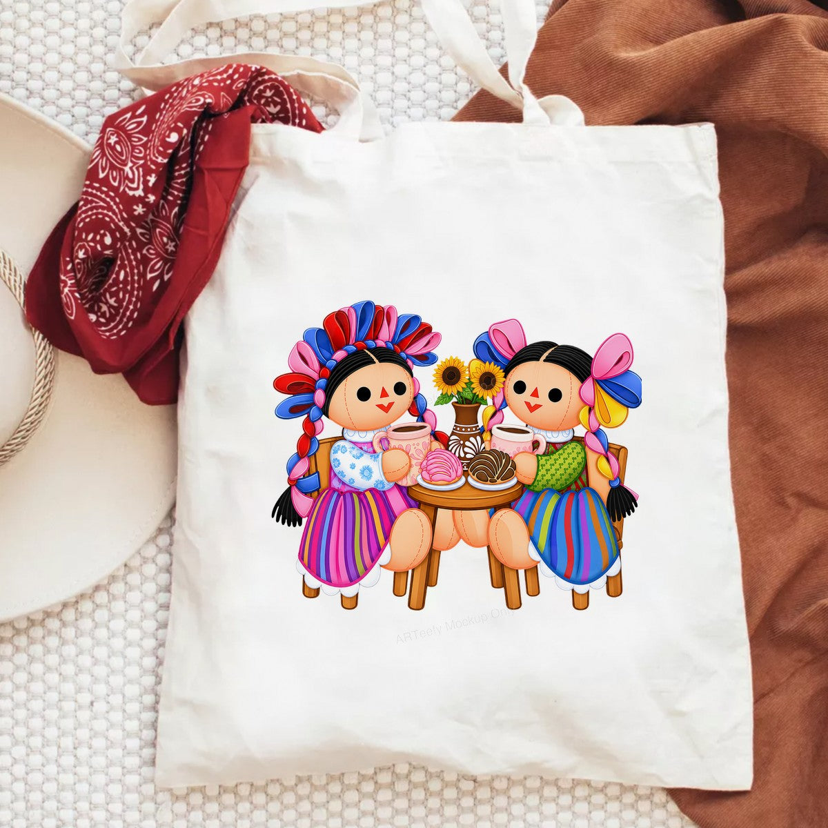 DTF Transfer Mexican Rag Dolls Drinking Coffee Colorful Folk Art Graphic for T Shirts Hoodies and Tote Bags - 6