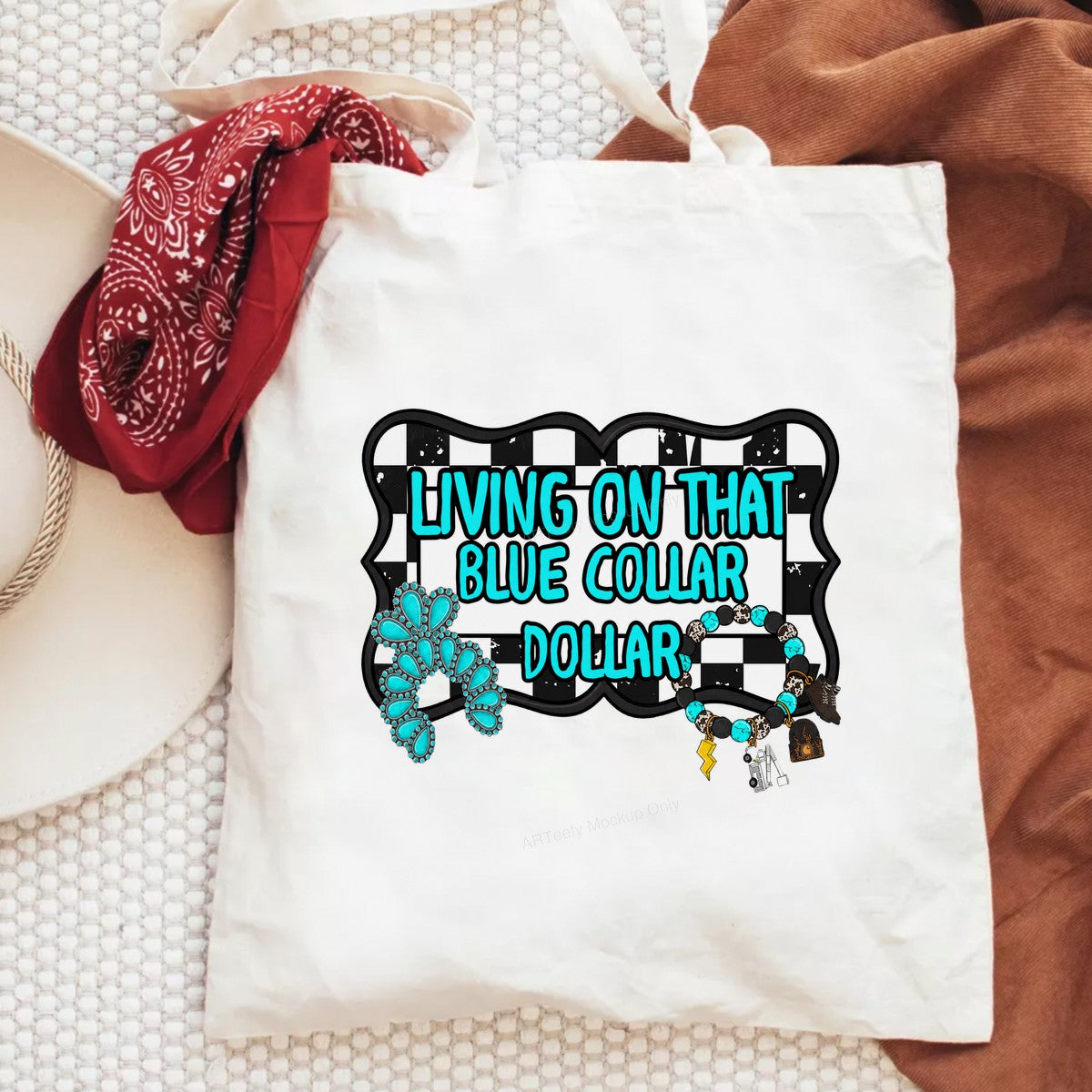 Western Heat Transfer Living On That Blue Collar Dollar Turquoise Jewelry Checkered Graphic for T Shirts Hoodies and Workwear Apparel - 6