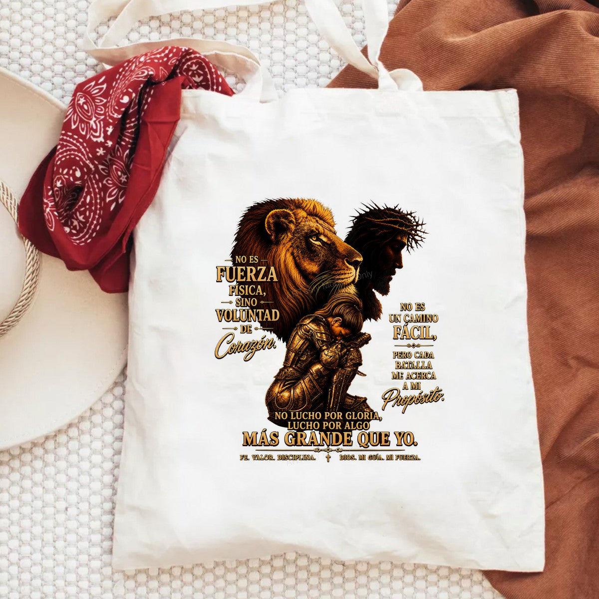Christian Heat Transfer Lion and Armored Warrior Spanish Faith Quote Graphic for T Shirts Hoodies and Christian Apparel - 6