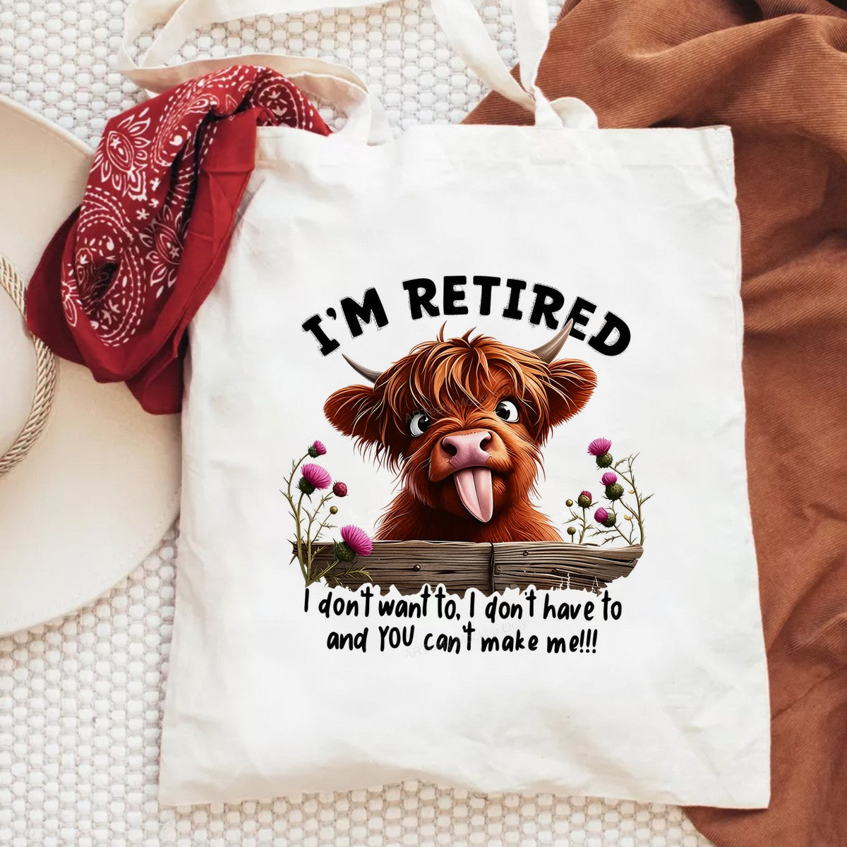 Funny Graphic Transfer I’m Retired Highland Cow Tongue Out Floral Fence Design for T Shirts Hoodies and Gifts - 6