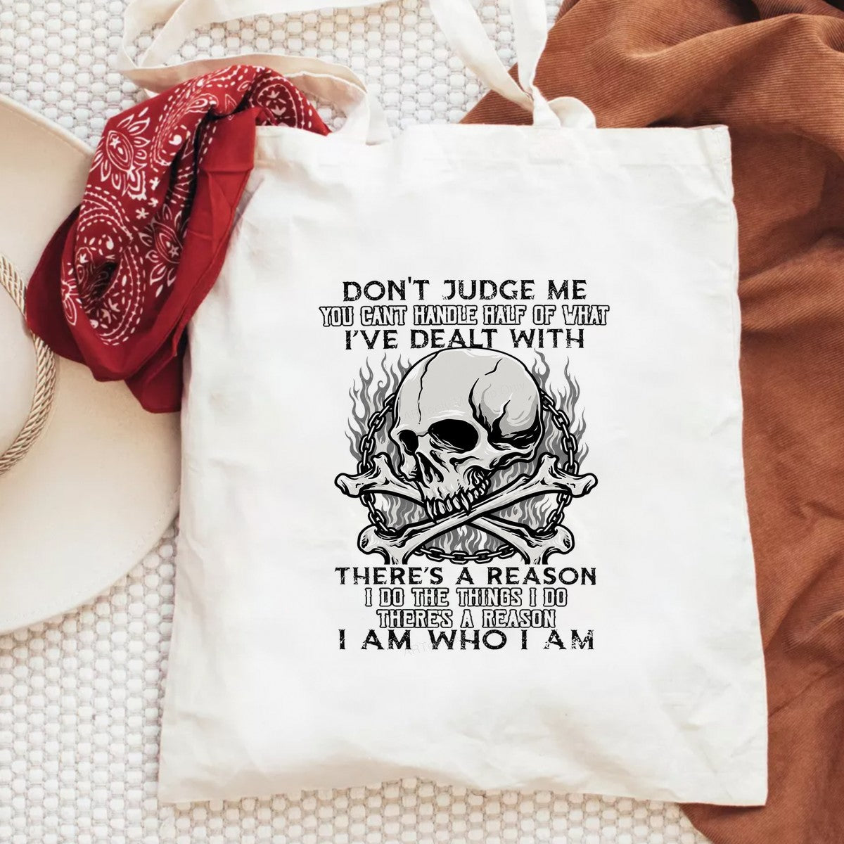 DTF Transfer Don’t Judge Me Quote Flaming Skull and Crossbones Graphic for T Shirts Hoodies and Biker Apparel - 6