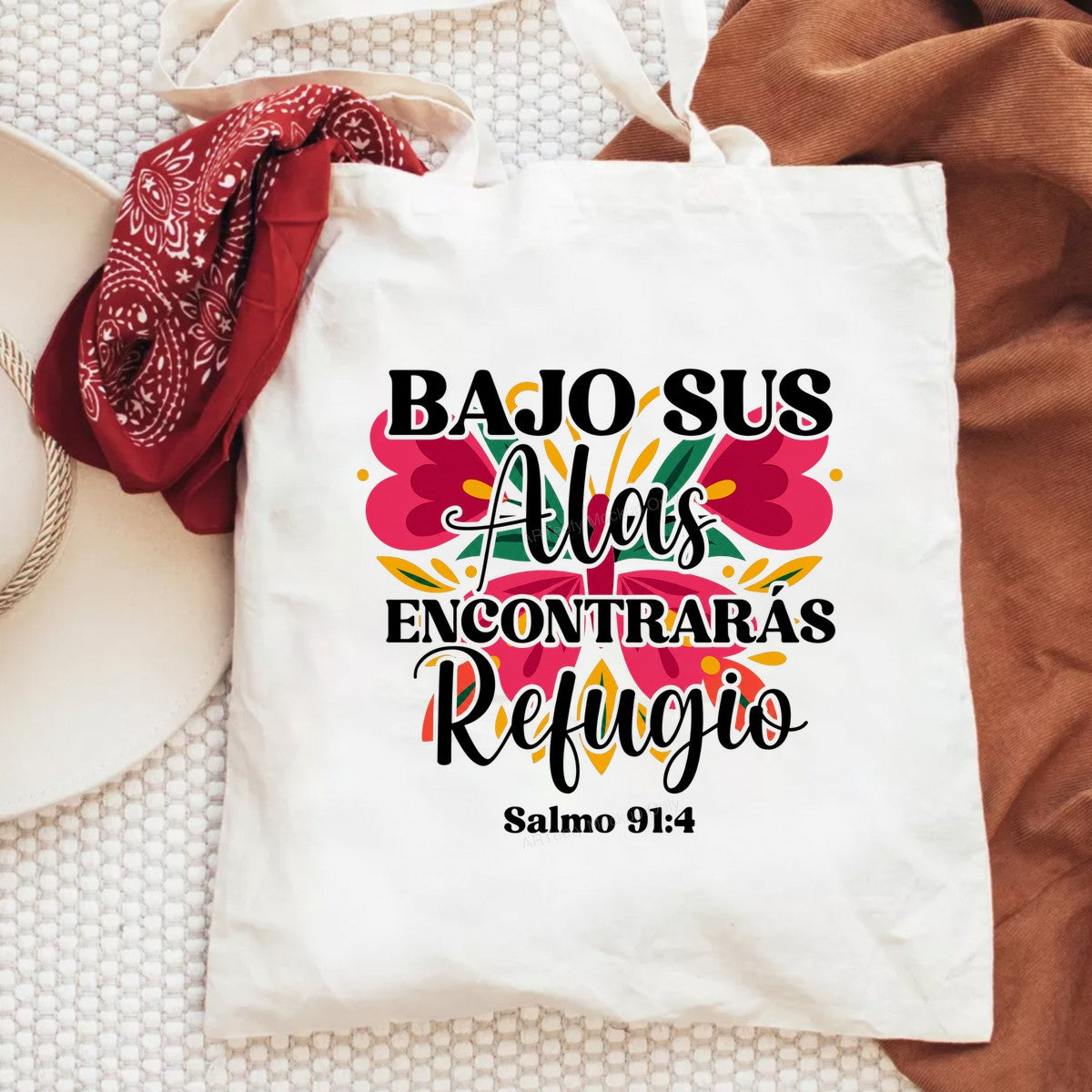 Christian Heat Transfer Bajo Sus Alas Encontrarás Refugio Salmo 91:4 Floral Spanish Scripture Design for Christian Apparel and Gifts - 6
