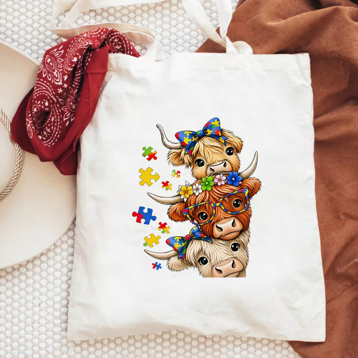 DTF Transfer Cute Highland Cows with Puzzle Piece Bows and Glasses Graphic for T Shirts Hoodies and Tote Bags - 6