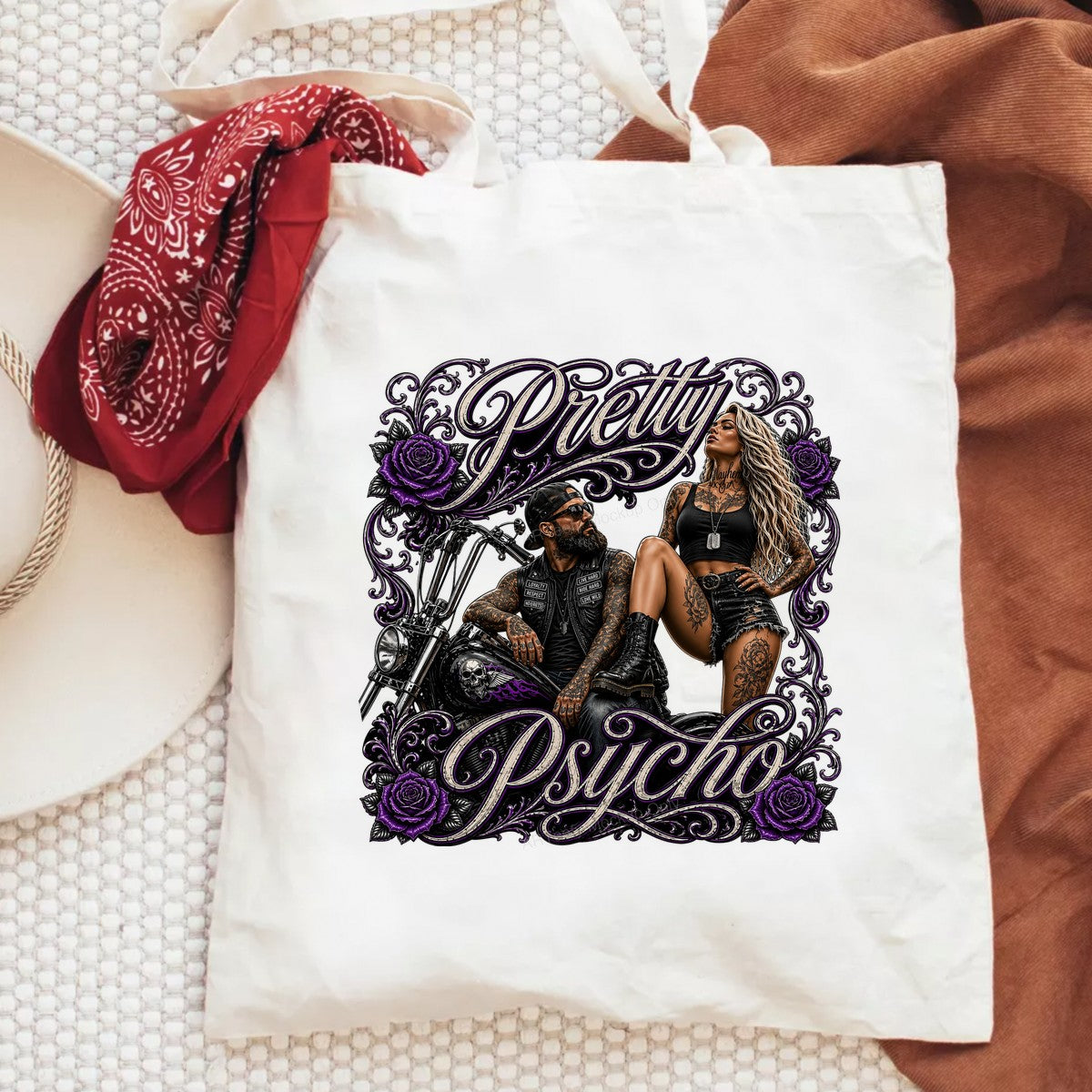DTF Transfer Pretty Psycho Biker Couple with Purple Rose Tattoo Art for T Shirts Hoodies and Biker Apparel - 6