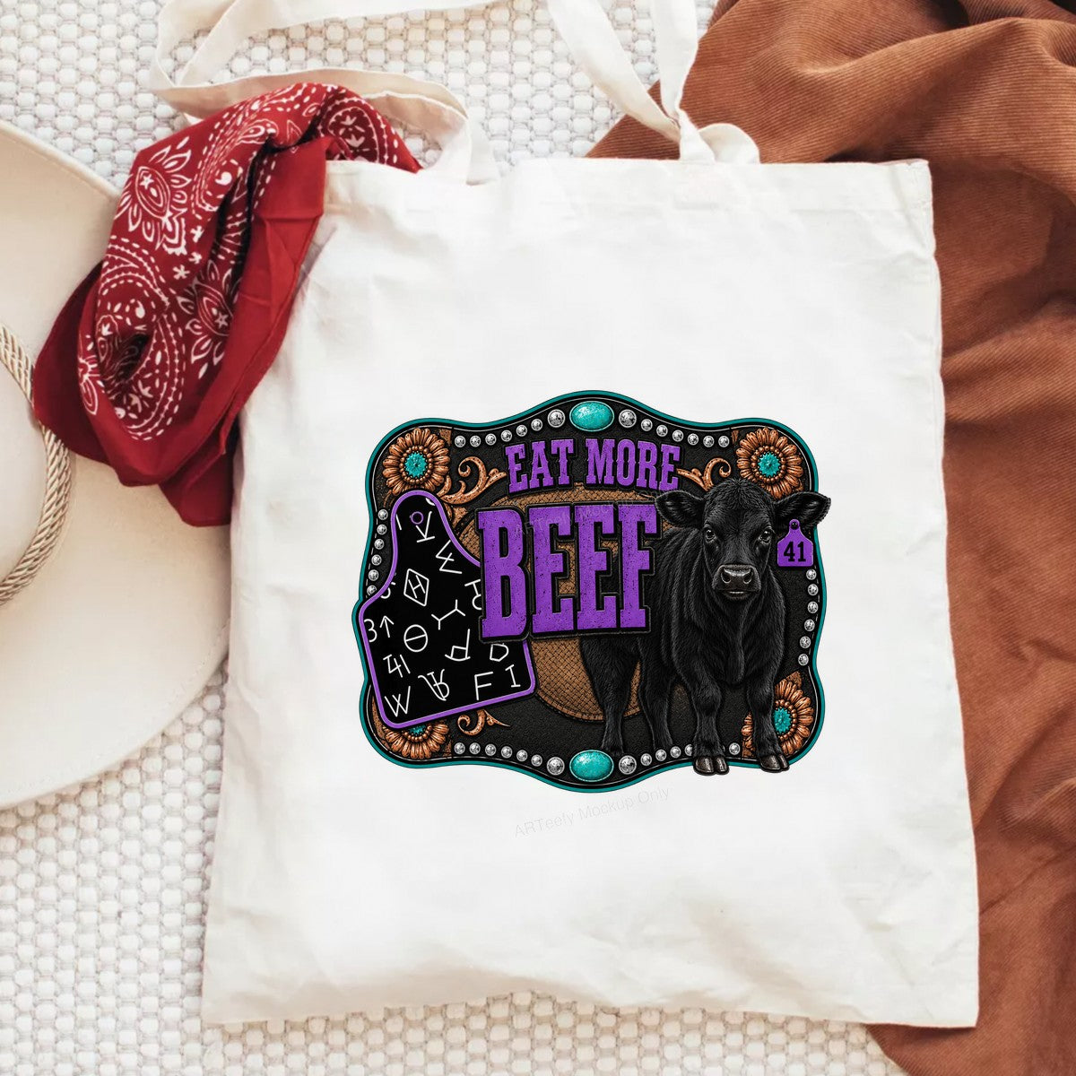 Western Heat Transfer Eat More Beef Cow Graphic with Turquoise Concho Detail for T Shirts Hoodies and Farm Ranch Apparel - 6