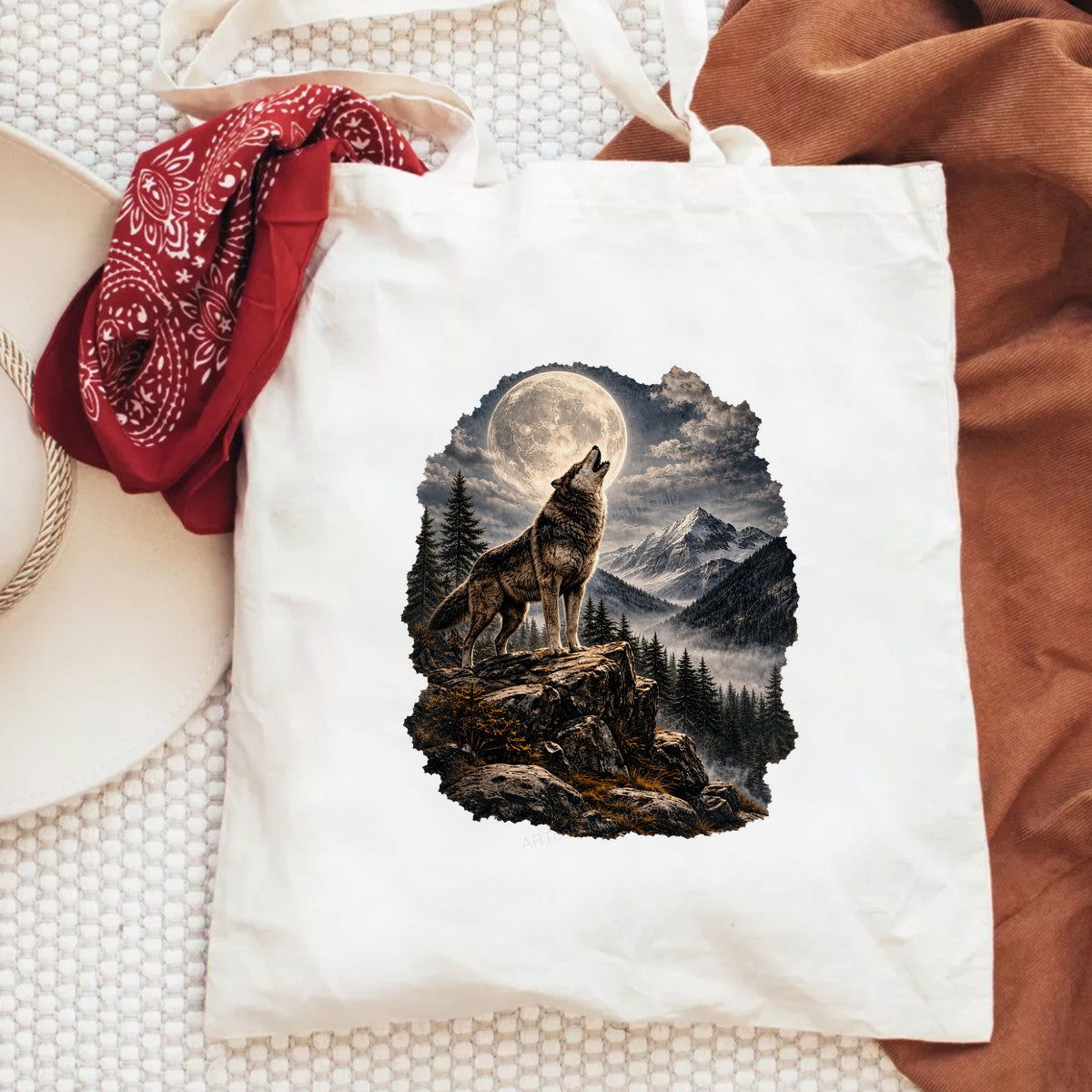 DTF Heat Transfer Howling Wolf Under Full Moon Mountain Landscape Graphic for T Shirts Hoodies and Tote Bags - 6