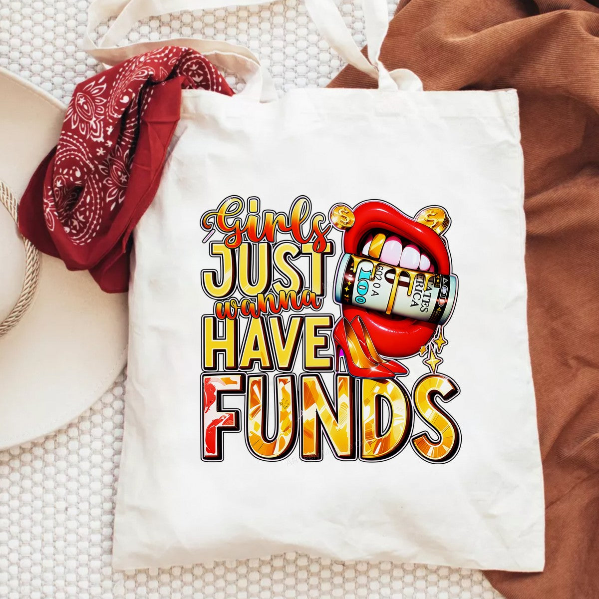 DTF Transfer Girls Just Wanna Have Funds Quote with Money Lips and Heels Graphic for T Shirts Hoodies and Tote Bags - 6