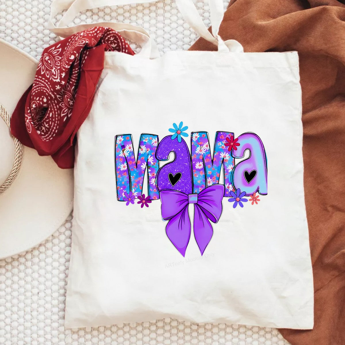 DTF Heat Transfer Mama Floral Glitter Letters with Purple Bow Graphic for T Shirts Hoodies and Tote Bags - 6