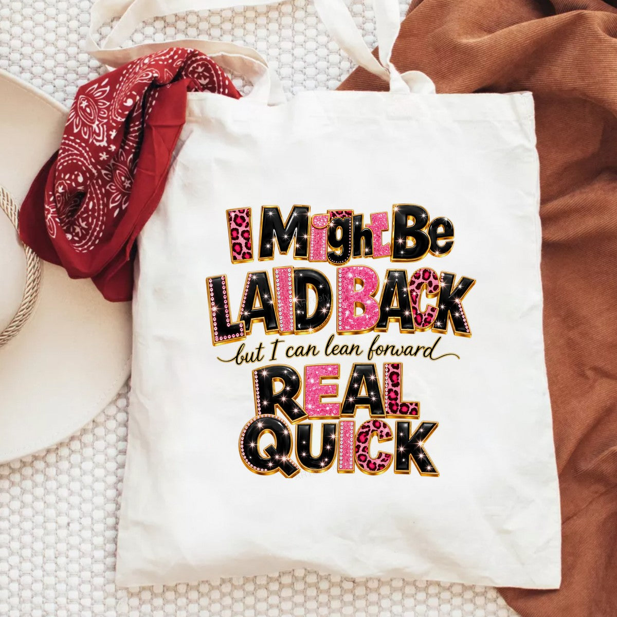 DTF Transfer I Might Be Laid Back Real Quick Quote Pink Leopard Rhinestone Graphic for T Shirts Hoodies and Casual Wear - 6