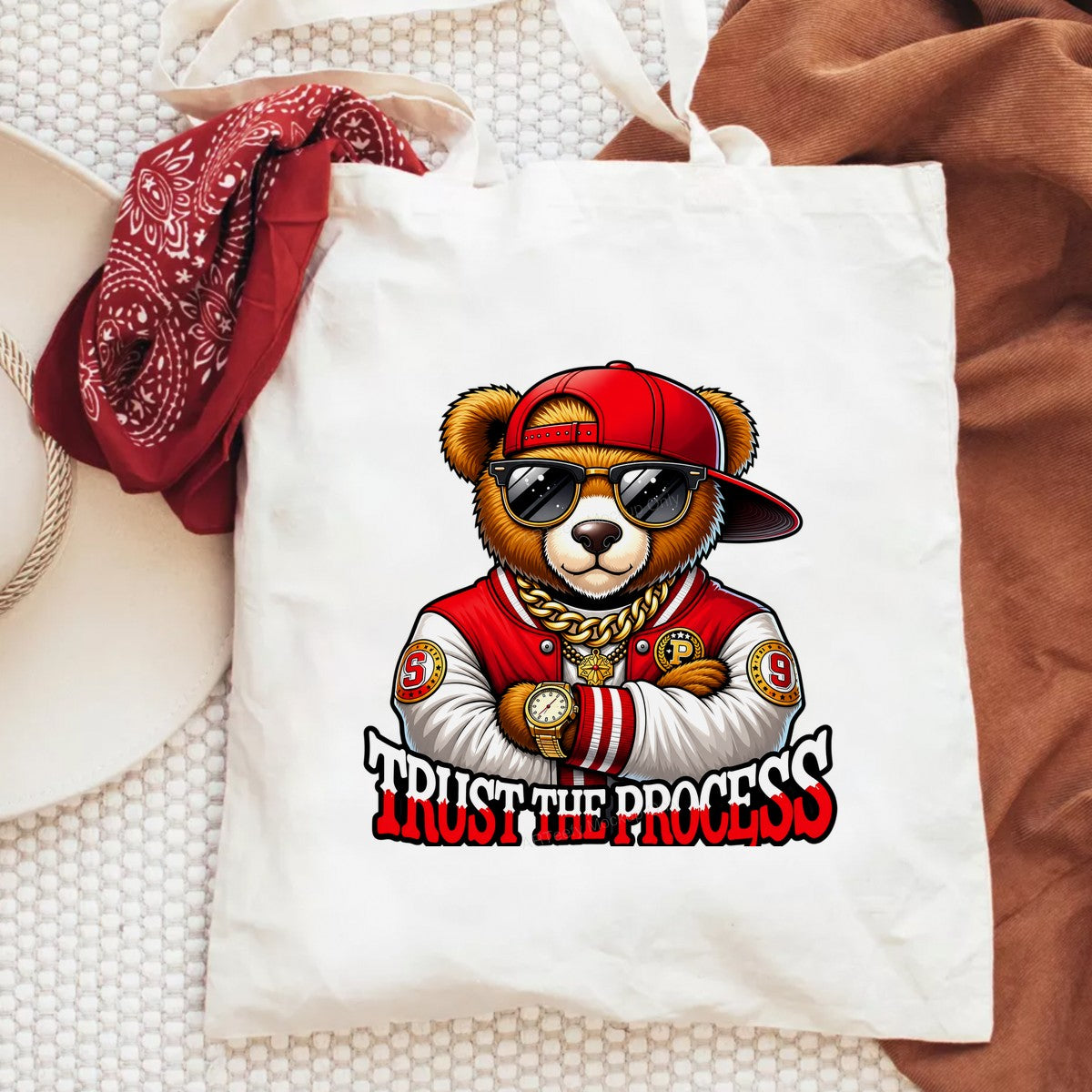 DTF Transfer Trust The Process Cool Bear in Varsity Jacket Graphic for T Shirts Hoodies and Streetwear Apparel - 6