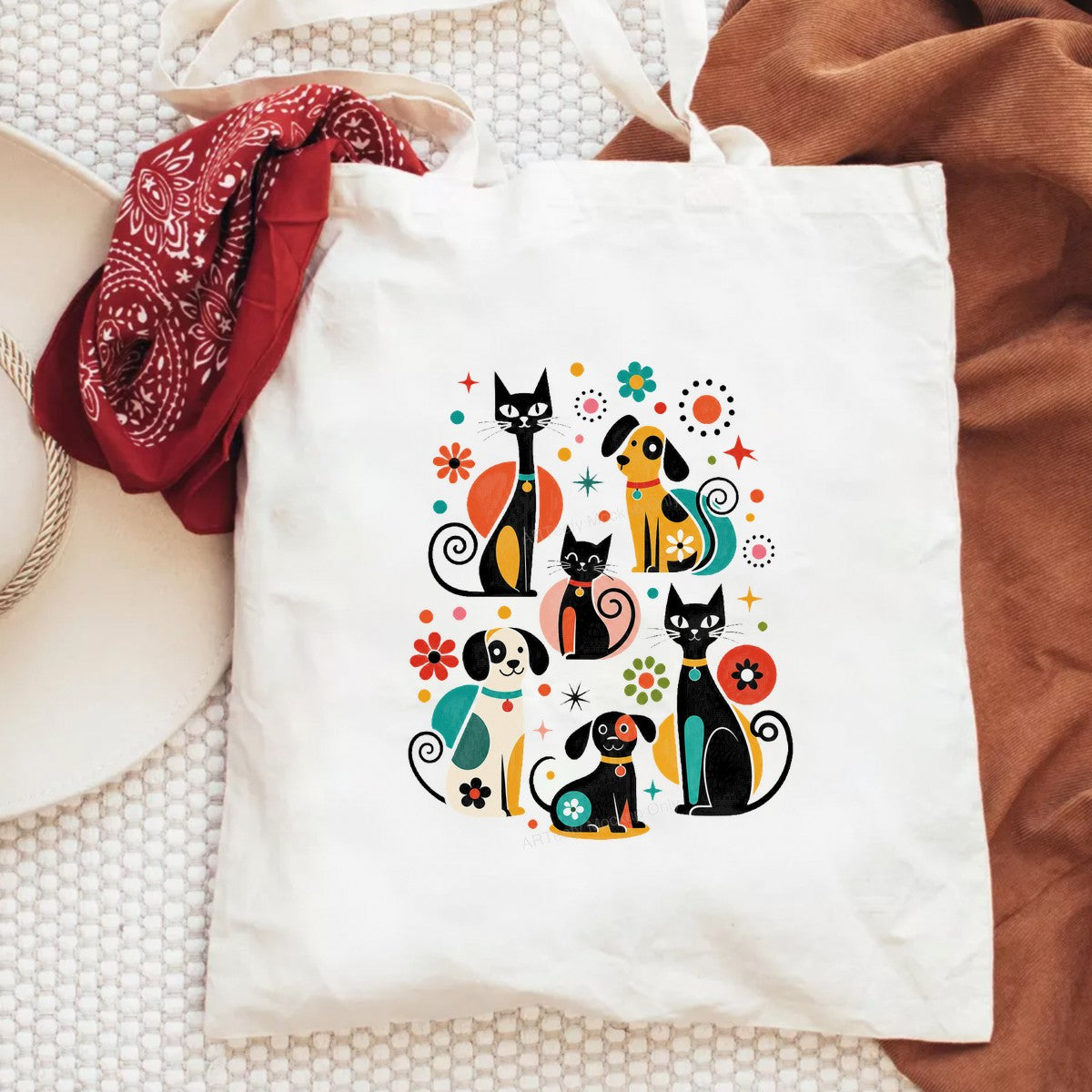 DTF Heat Transfer Retro Cats and Dogs Graphic with Colorful Geometric Flowers for T Shirts Hoodies and Tote Bags - 6