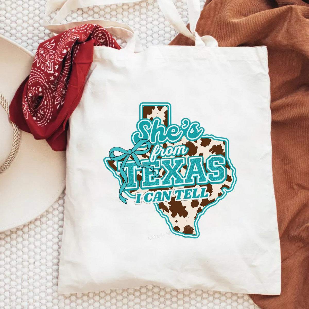 DTF Heat Transfer She’s From Texas Quote Cow Print State Outline with Bow Graphic for T Shirts Hoodies and Tote Bags - 6