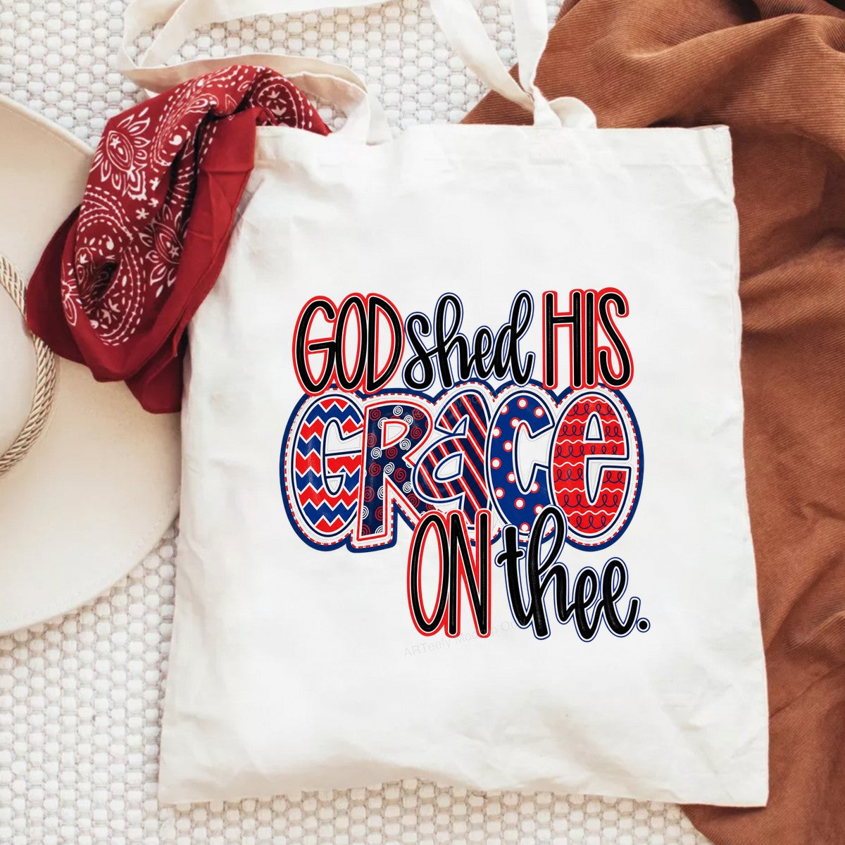 Christian Heat Transfer God Shed His Grace On Thee Patriotic Red White Blue Lettering for T Shirts Hoodies and Holiday Shirts - 6
