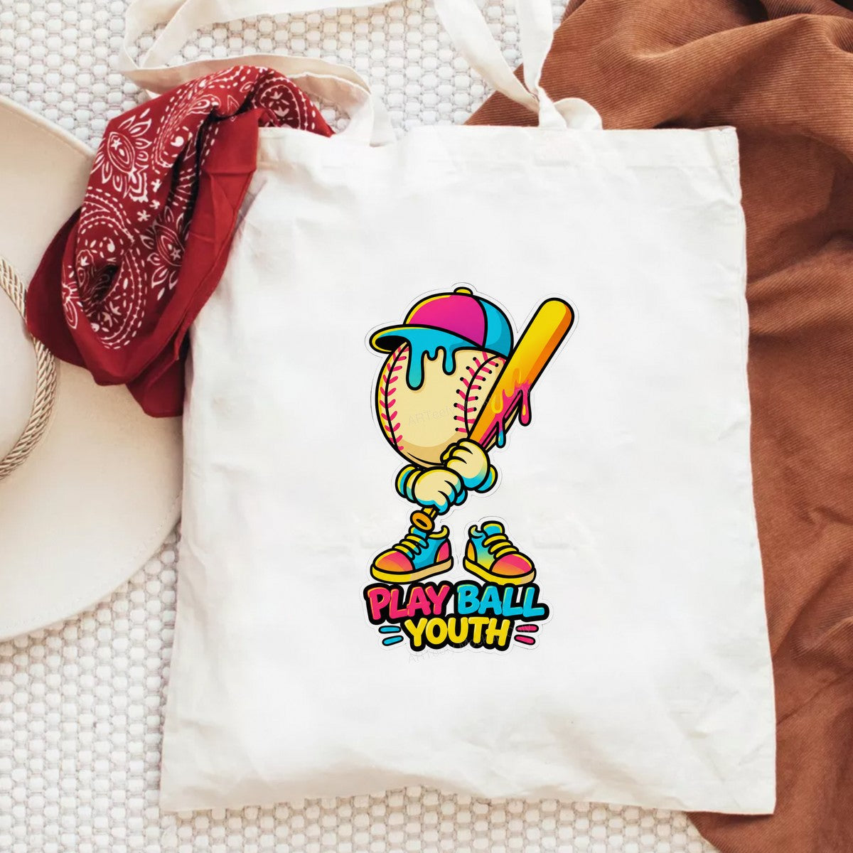 DTF Heat Transfer Play Ball Youth Baseball Character Neon Cartoon Graphic for T Shirts Hoodies and Team Apparel - 6