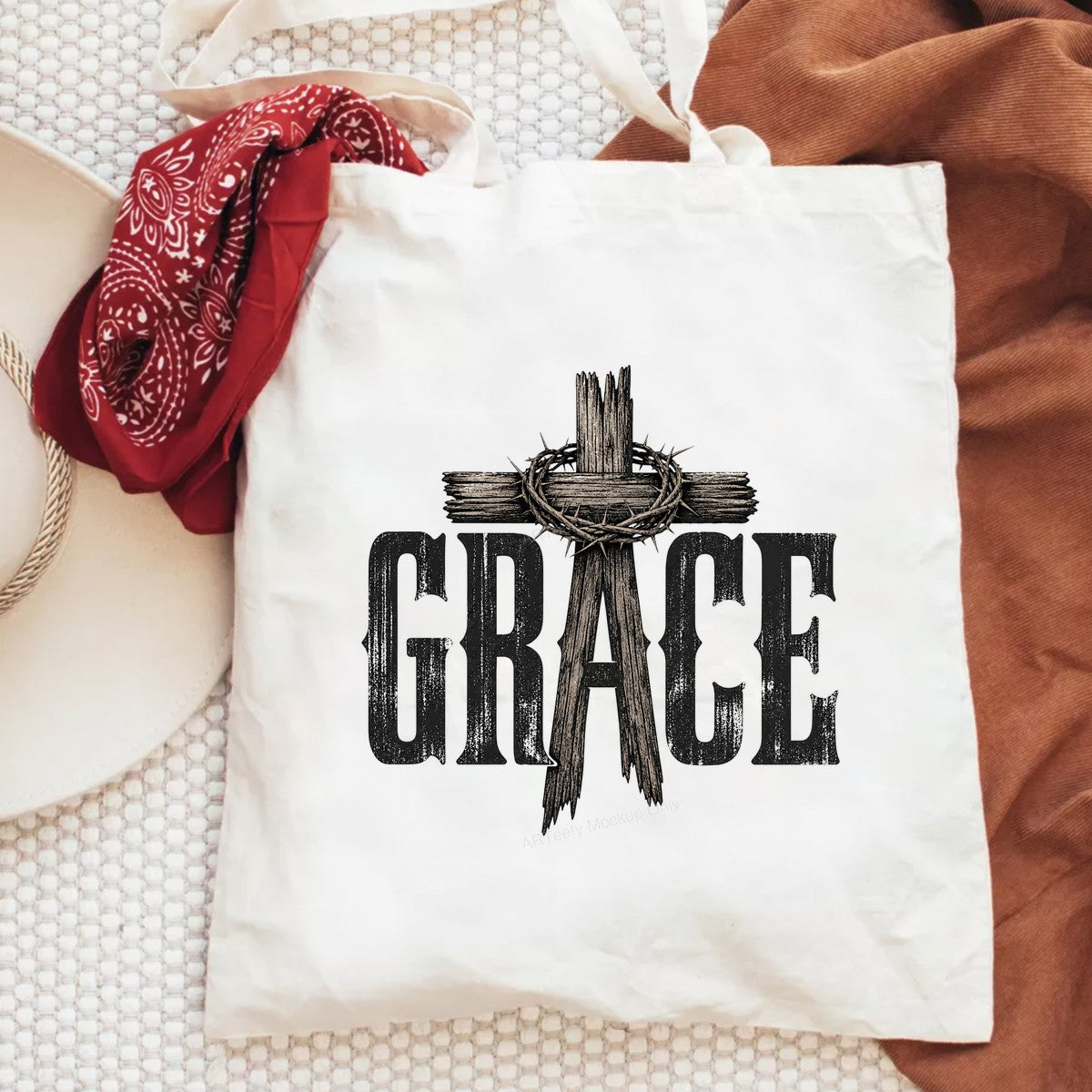 Christian Heat Transfer GRACE Wooden Cross with Crown of Thorns Rustic Graphic for T Shirts Hoodies and Tote Bags - 6