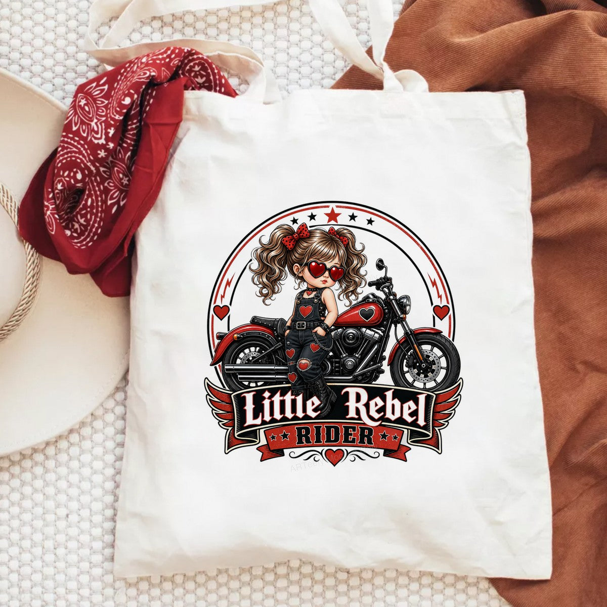 DTF Heat Transfer Little Rebel Rider Biker Girl with Red Hearts Graphic for T Shirts Hoodies and Tote Bags - 6