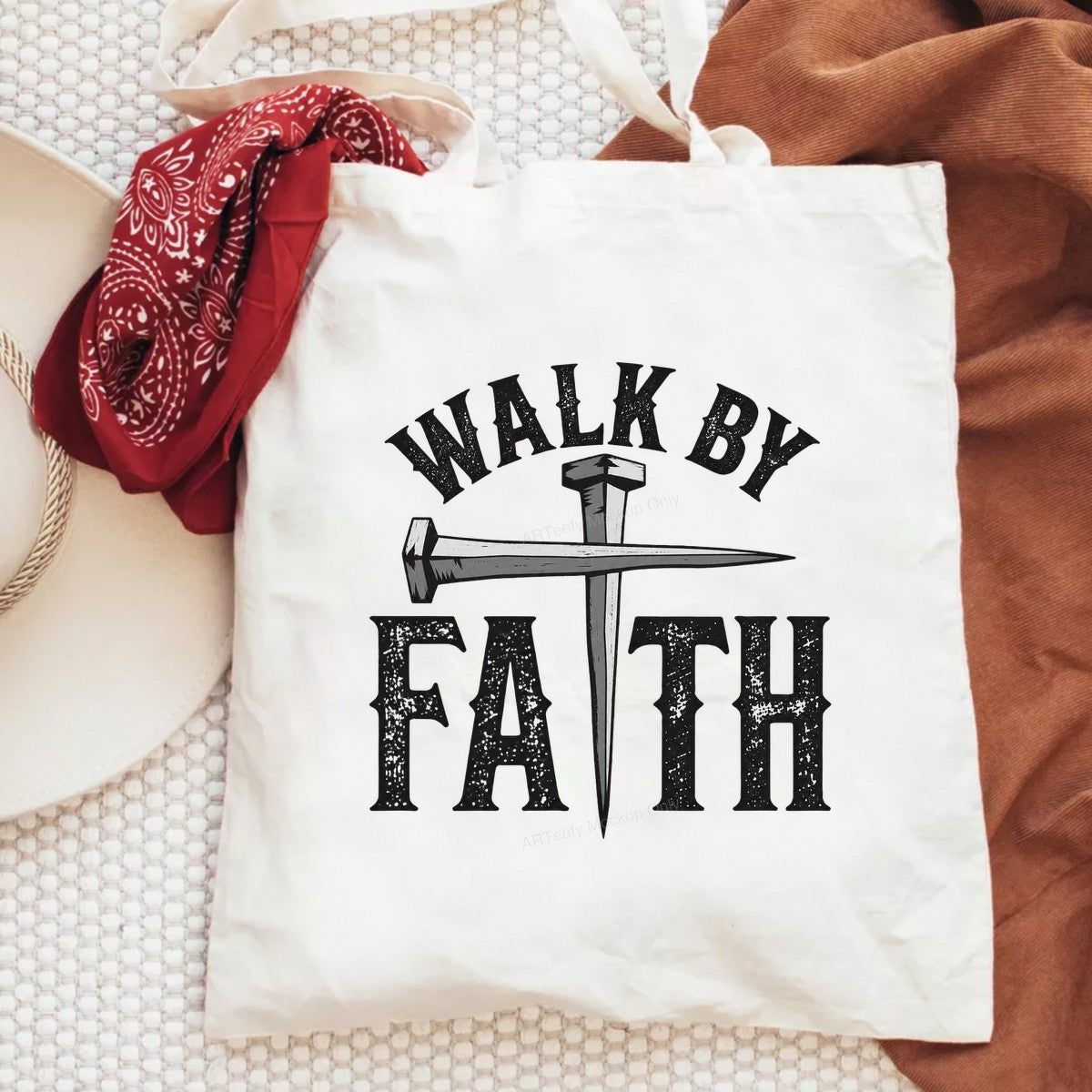 Christian Heat Transfer Walk By Faith Nail Cross Graphic for T Shirts Hoodies and Tote Bags - 6