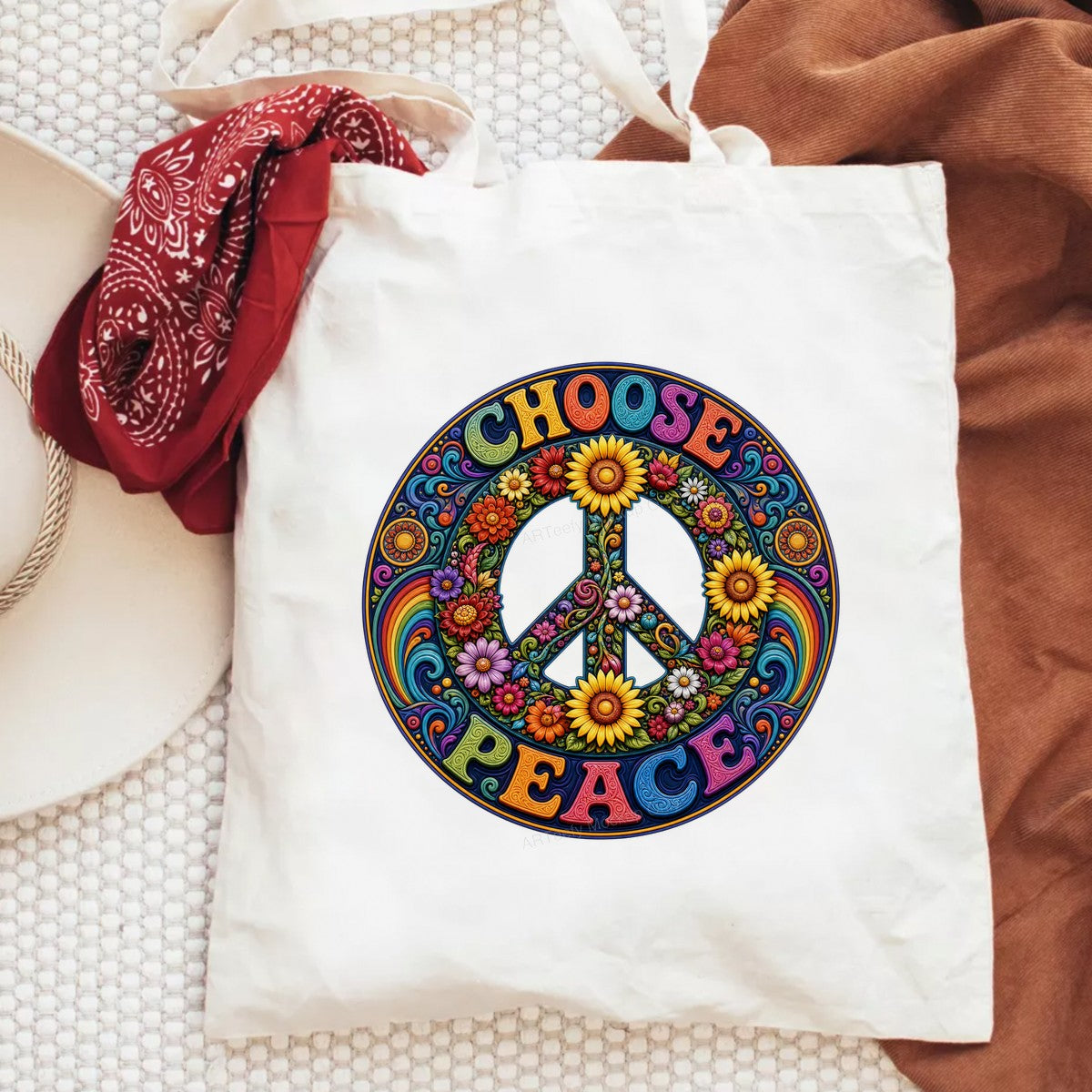DTF Transfer Choose Peace Floral Rainbow Hippie Peace Sign Graphic for T Shirts Hoodies and Tote Bags - 6
