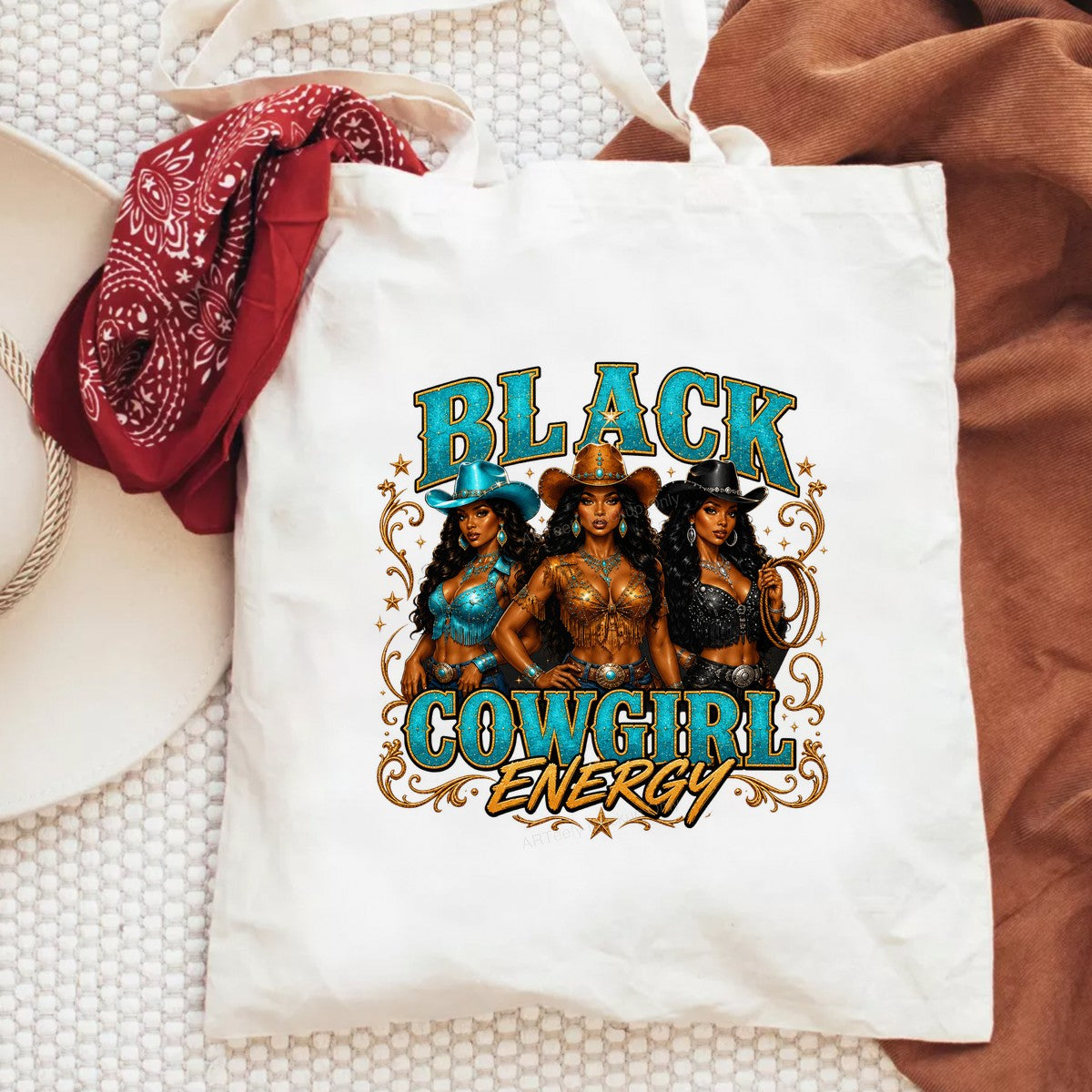 Western Heat Transfer Black Cowgirl Energy Trio Graphic for T Shirts Hoodies and Tote Bags - 6