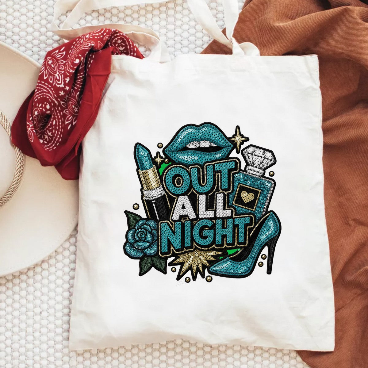 DTF Heat Transfer Out All Night Quote with Sequin Lips Lipstick and High Heel Graphic for Party Shirts Hoodies and Tote Bags - 6