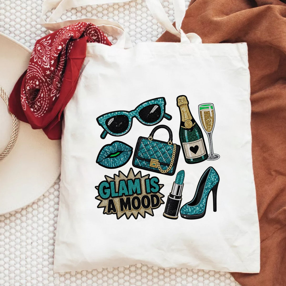DTF Heat Transfer Glam Is A Mood Quote with Teal Sequin Sunglasses Handbag Champagne and High Heel for T Shirts Hoodies and Tote Bags - 6