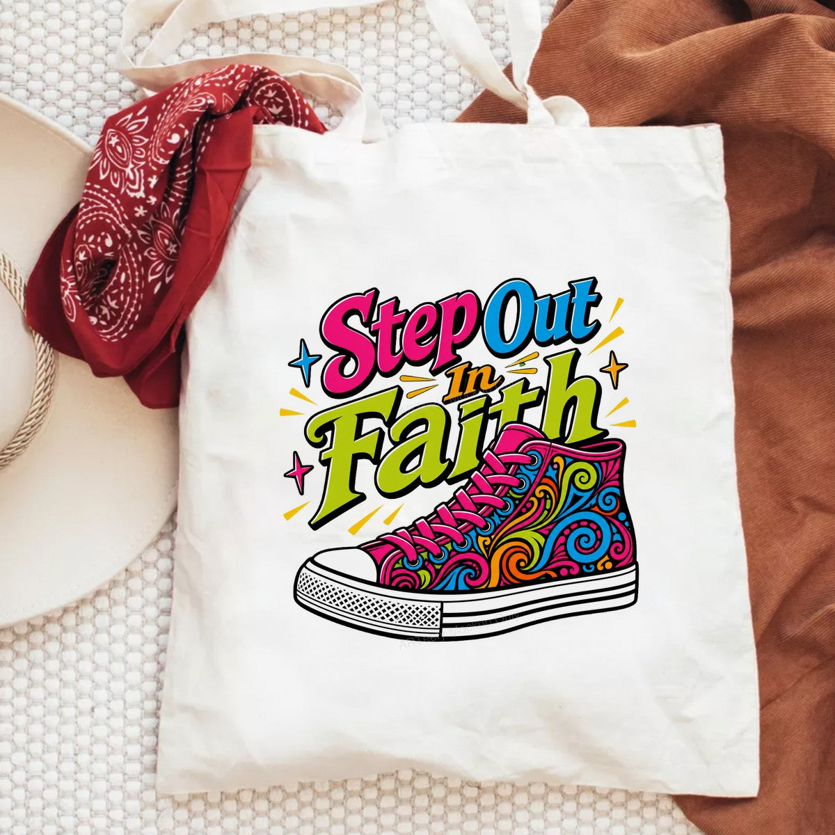 Christian Heat Transfer Step Out In Faith Quote with Colorful Sneaker Graphic for T Shirts Hoodies and Tote Bags - 6