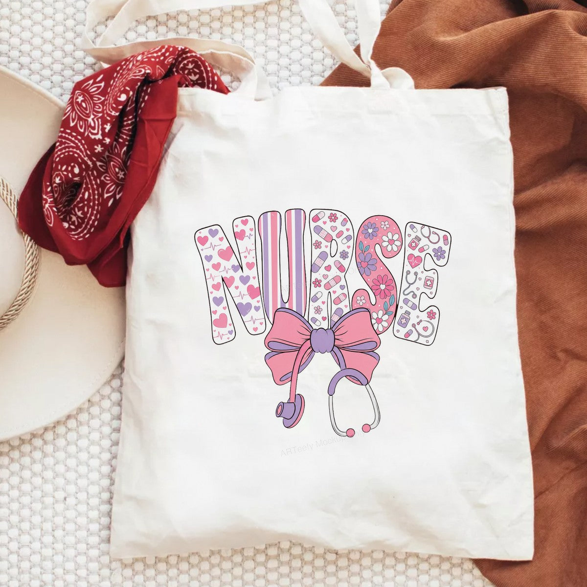 DTF Transfer Nurse Lettering with Pink Bow and Stethoscope Graphic for T Shirts Hoodies and Tote Bags - 6