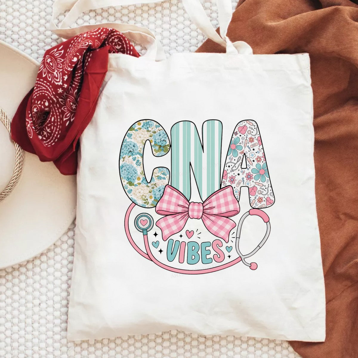 DTF Heat Transfer CNA Vibes Floral Stripe Stethoscope Graphic for T Shirts Hoodies and Nurse Gifts - 6