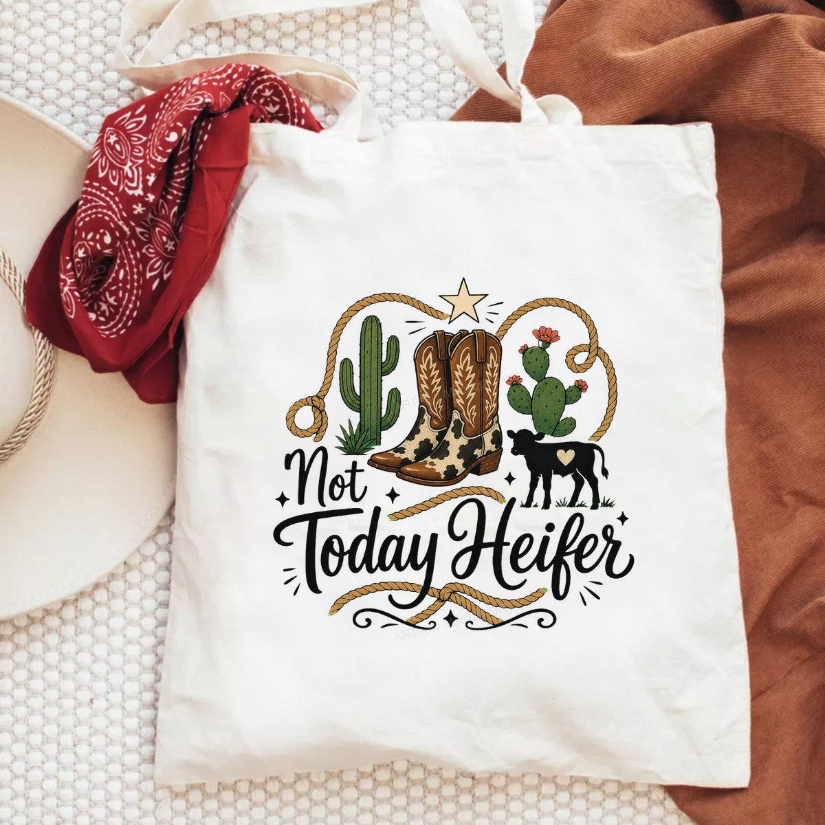 Western Heat Transfer Not Today Heifer Cowgirl Boots Cactus Rope Graphic for T Shirts Hoodies and Tote Bags - 6