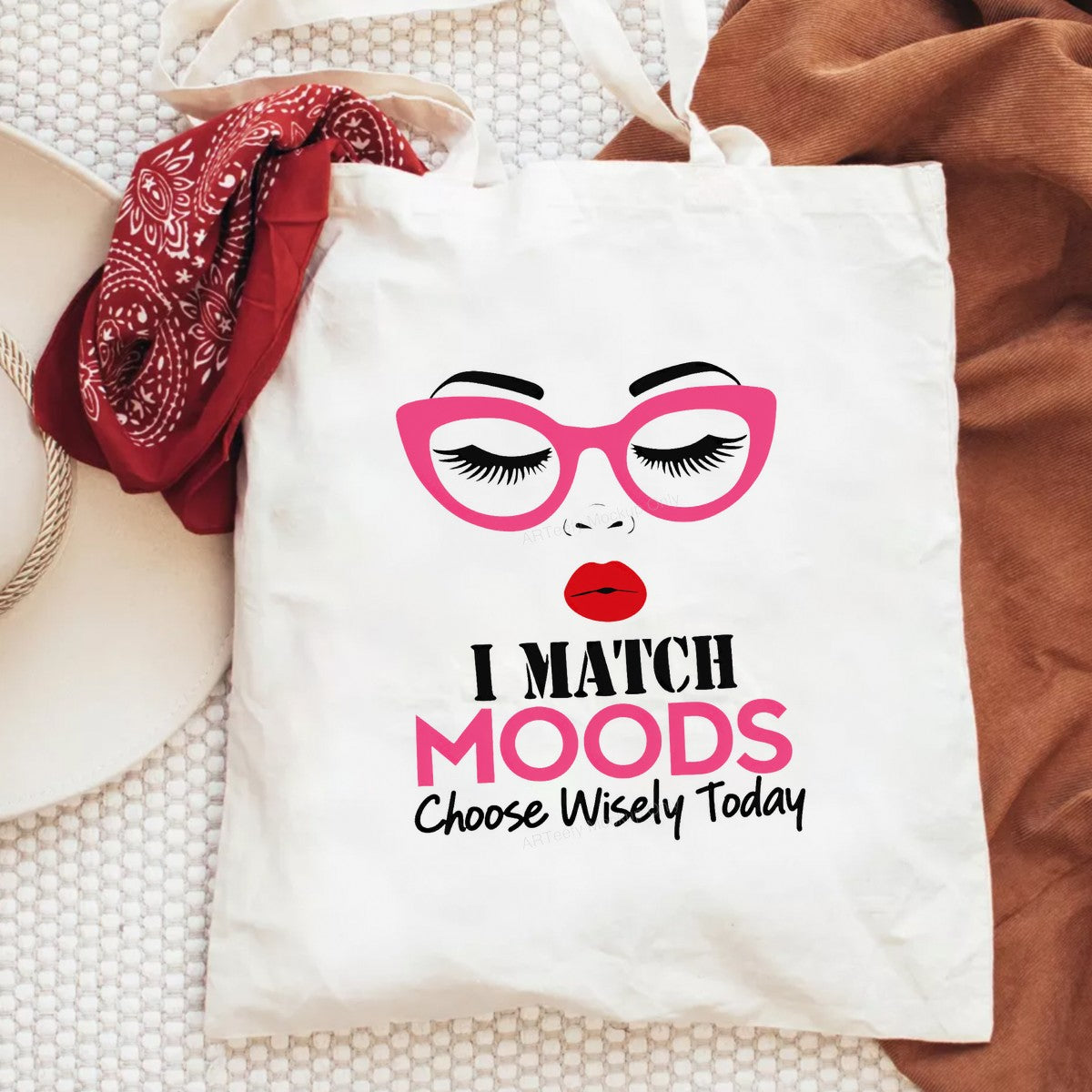 Funny Graphic Transfer I Match Moods Quote with Pink Glasses and Red Lips for T Shirts Hoodies and Tote Bags - 6