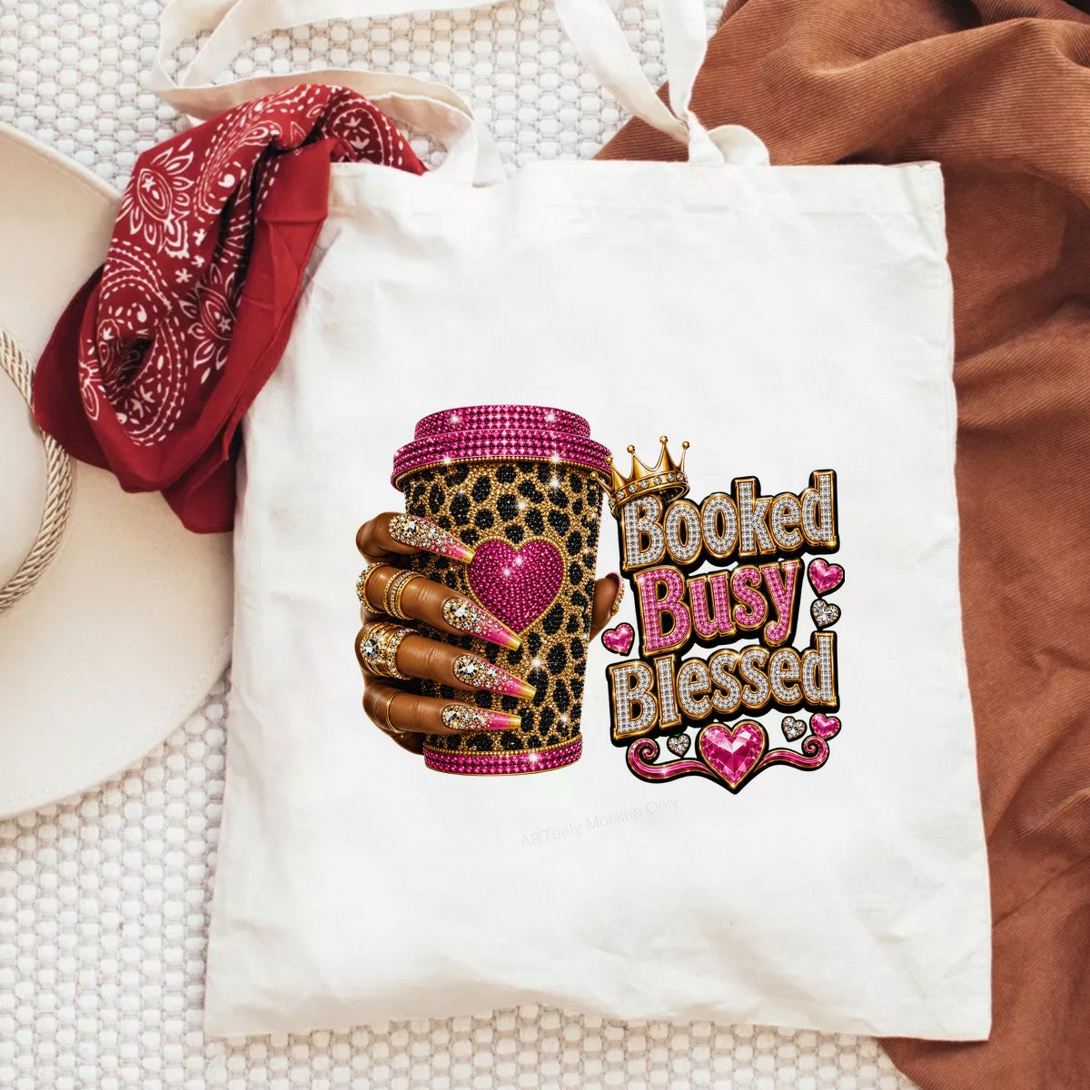 DTF Transfer Booked Busy Blessed Leopard Coffee Cup Bling Graphic for T Shirts Hoodies and Tote Bags - 6