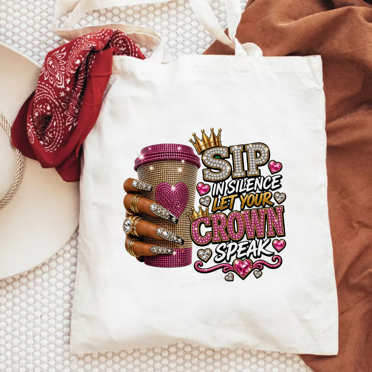 DTF Heat Transfer Sip In Silence Let Your Crown Speak Bling Coffee Cup Graphic for T Shirts Hoodies and Tote Bags - 6