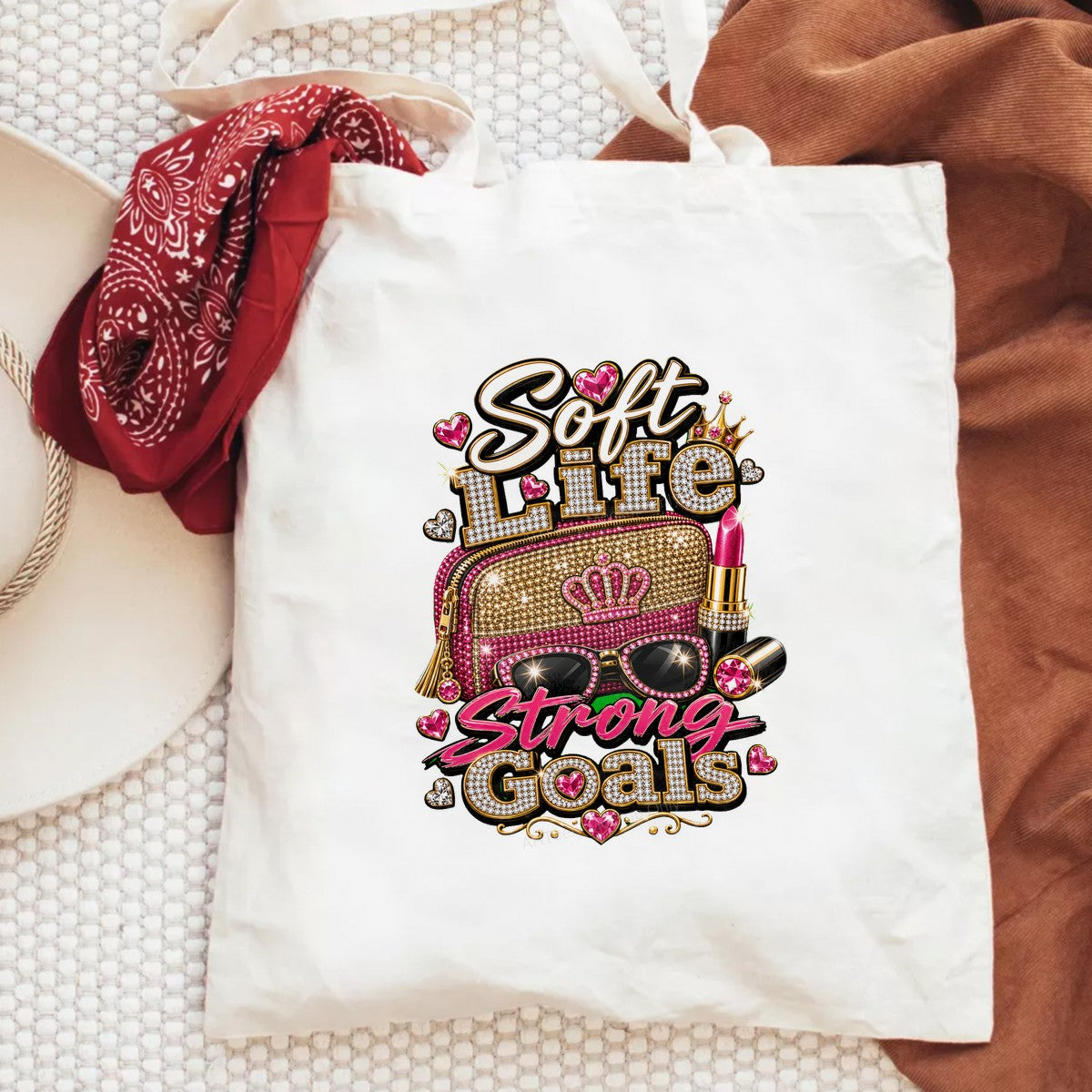 DTF Heat Transfer Soft Life Strong Goals Pink Rhinestone Purse and Lipstick Graphic for T Shirts Hoodies and Tote Bags - 6
