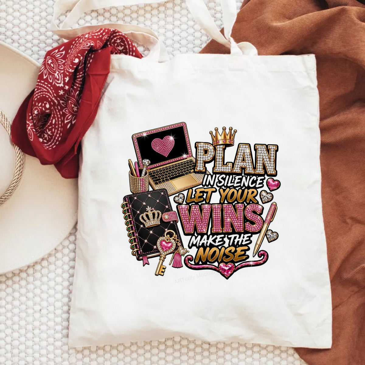 DTF Heat Transfer Plan In Silence Let Your Wins Make The Noise Pink Rhinestone Laptop and Planner Graphic for T Shirts Hoodies and Tote Bags - 6