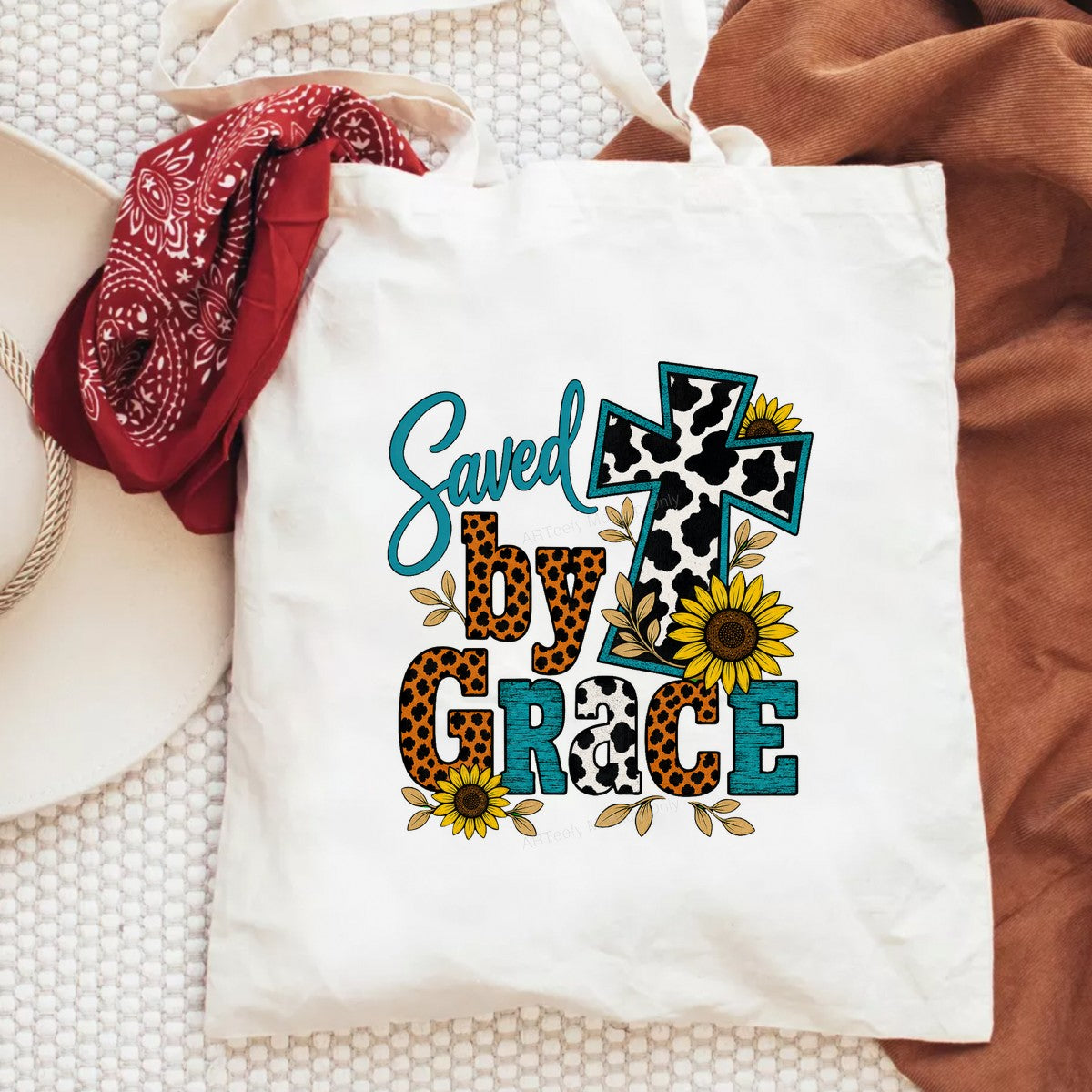 Christian Heat Transfer Saved By Grace Cow Print Cross with Leopard Sunflowers for T Shirts Hoodies and Tote Bags - 6