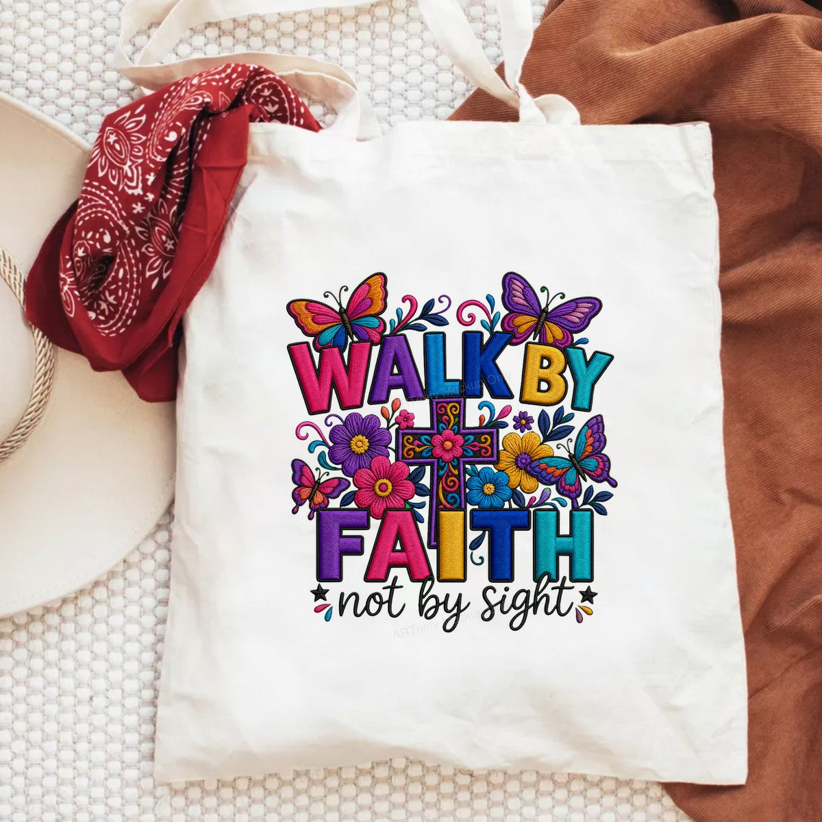 Christian Heat Transfer Walk By Faith Not By Sight Floral Cross and Butterfly Graphic for T Shirts Hoodies and Tote Bags - 6