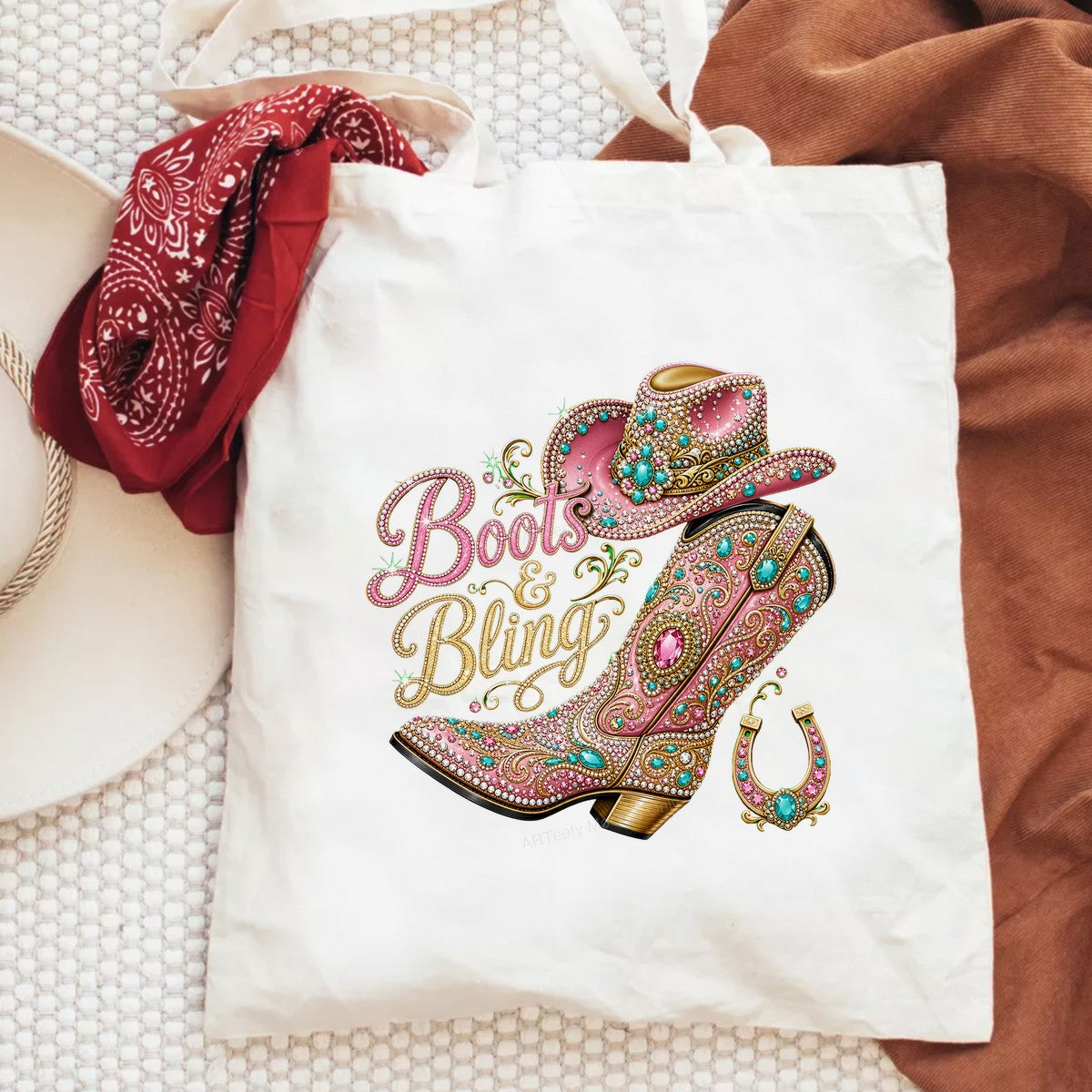 Western Heat Transfer Boots and Bling Pink Rhinestone Cowgirl Boot and Hat Graphic for T Shirts Hoodies and Tote Bags - 6
