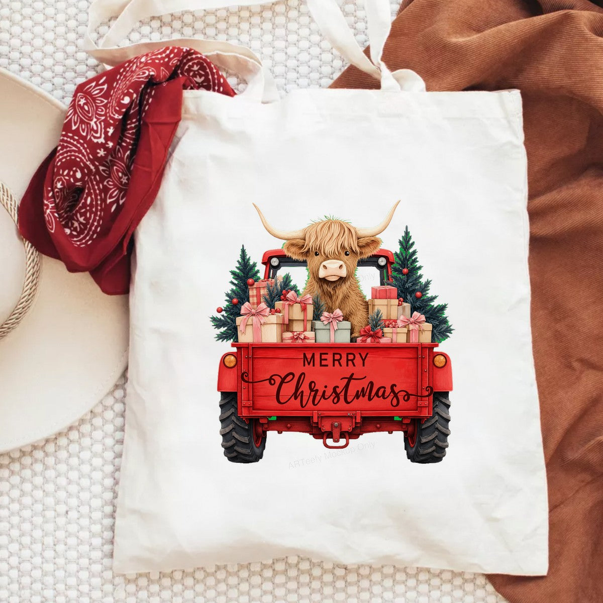 DTF Heat Transfer Merry Christmas Highland Cow in Red Truck Graphic for Holiday Shirts and Gifts - 6