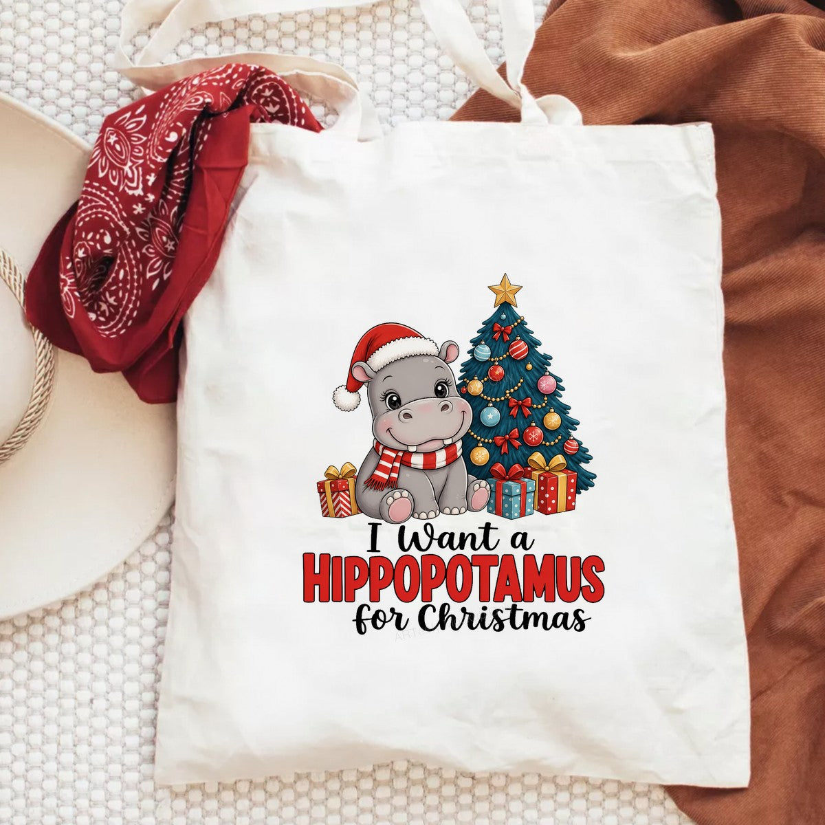 DTF Transfer I Want a Hippopotamus for Christmas Santa Hippo and Tree Graphic for Holiday Shirts and Gifts - 6