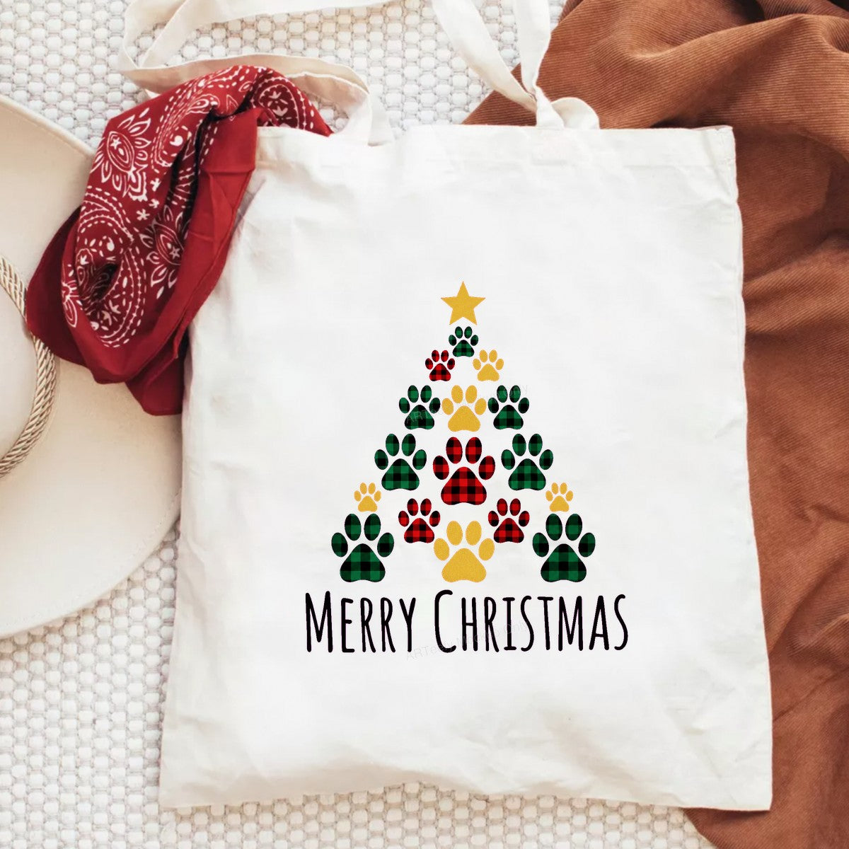 DTF Transfer Merry Christmas Dog Paw Tree Buffalo Plaid Graphic for Holiday Shirts and Pet Lover Apparel - 6