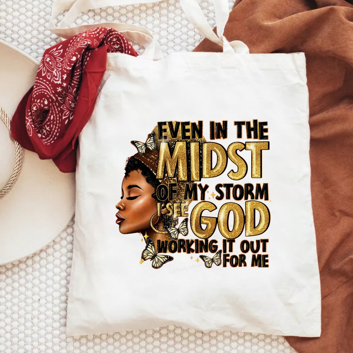 Christian Heat Transfer Even In The Midst Of My Storm I See God Quote with Glitter Text and Butterflies for T Shirts Hoodies and Faith Apparel - 6