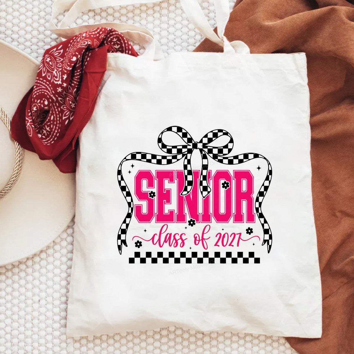 DTF Heat Transfer Senior Class of 2027 Checkered Bow Pink Lettering Graphic for T Shirts Hoodies and Graduation Gifts - 6